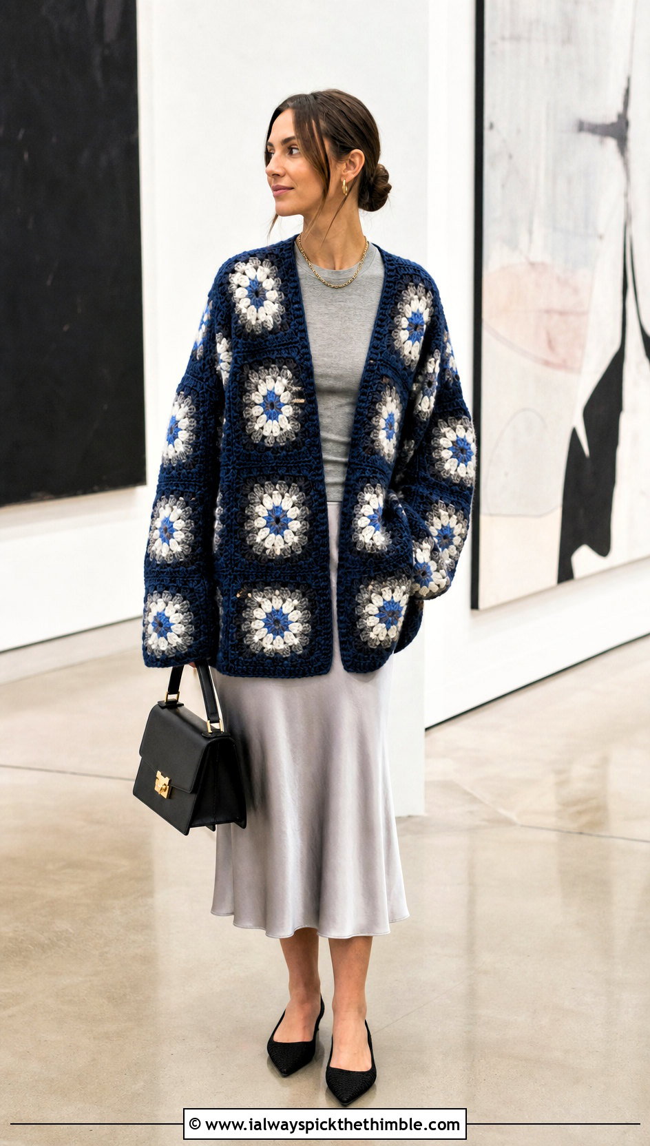 Oversized Large Square Granny Square Cardigan With Satin Skirt - 20 For Granny Square Cardigan outfit ideas