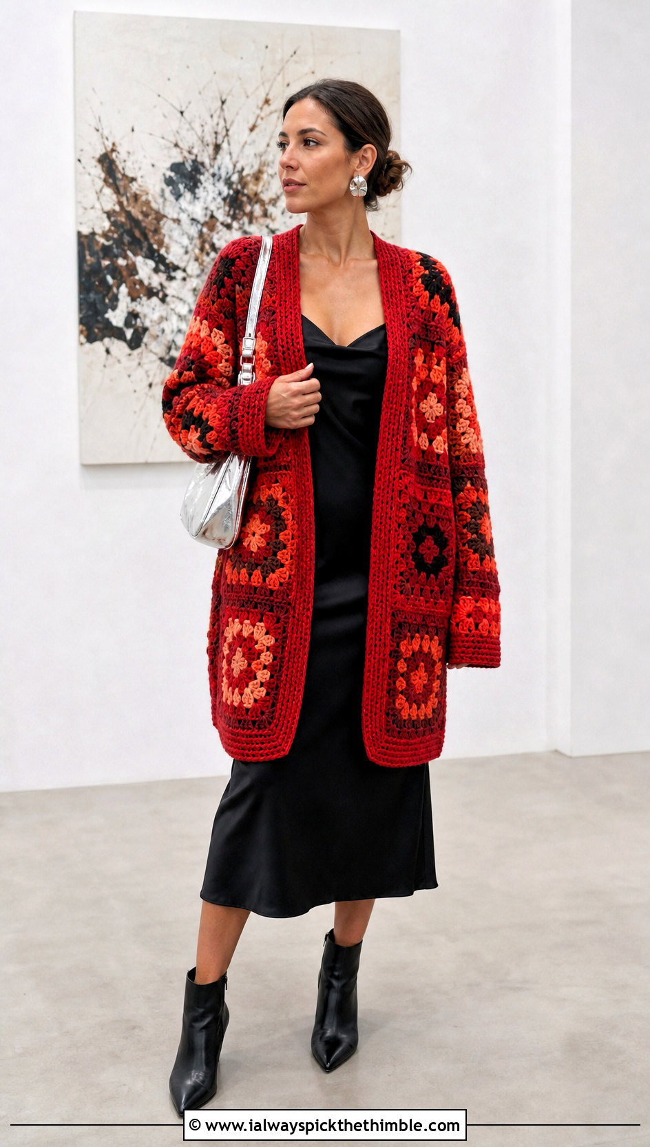 Oversized Large Square Granny Square Cardigan With Slip Dress - 15 Everyday Granny Square Cardigan outfit ideas