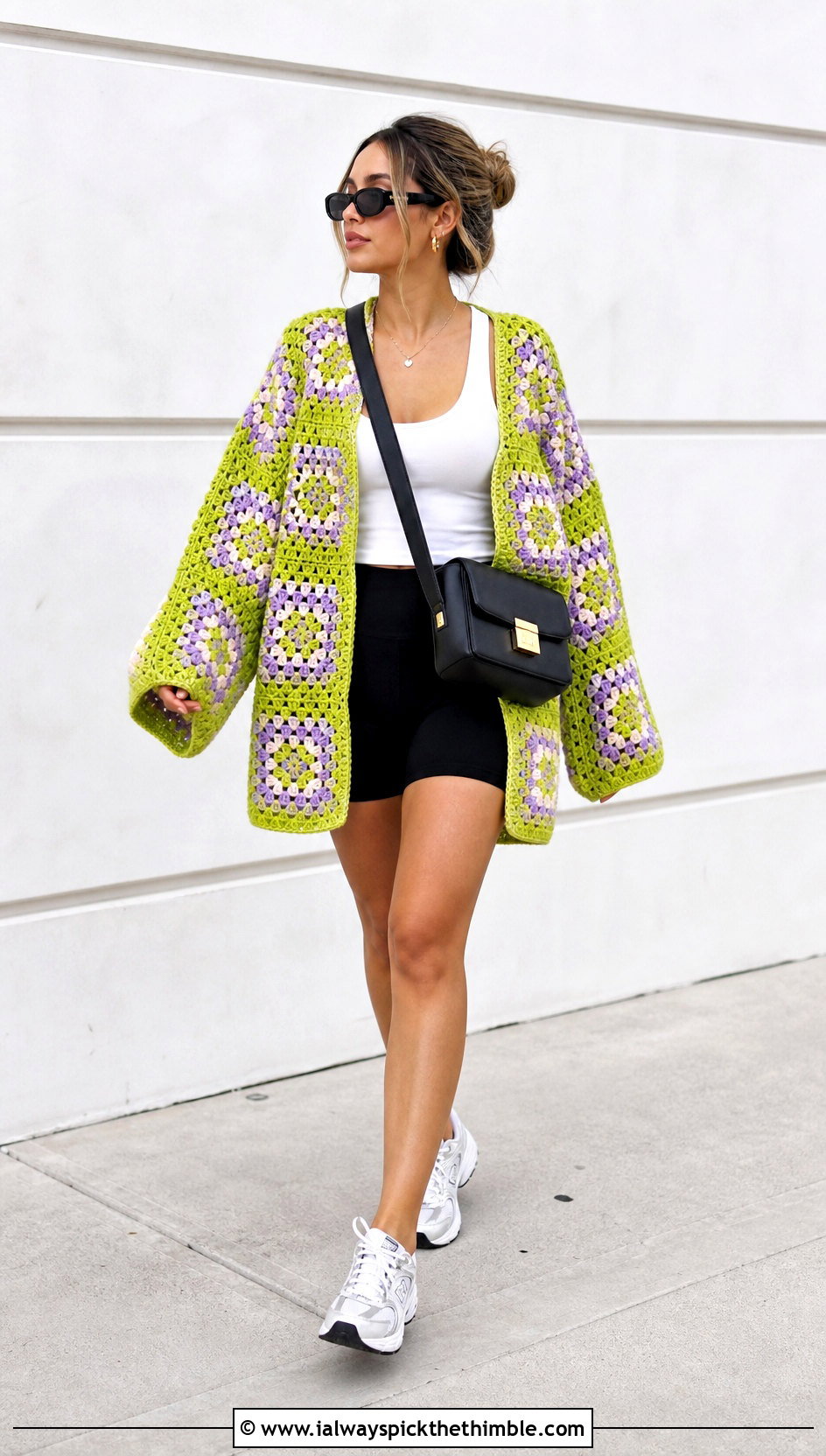 Oversized Large Square Granny Square Summer Cardigan With Biker Shorts - 20 granny square summer cardigan outfit ideas
