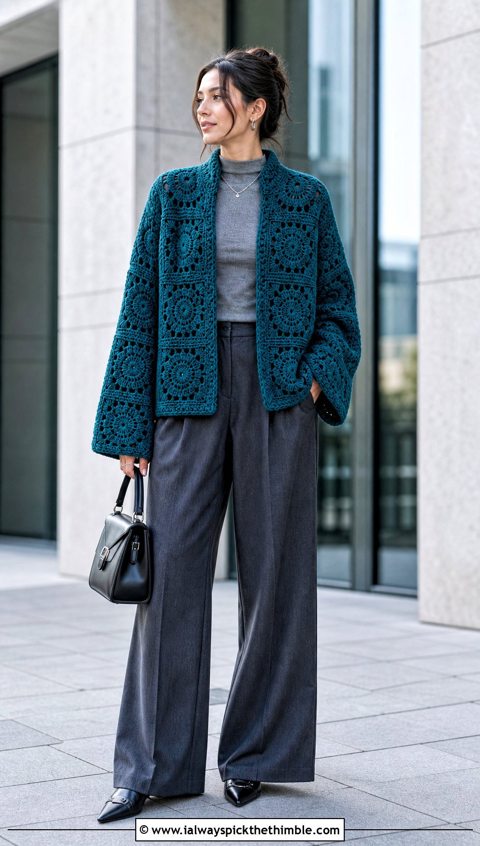 Oversized Large Square Jacket With Tailored Trousers - 20 crochet square jacket outfit ideas