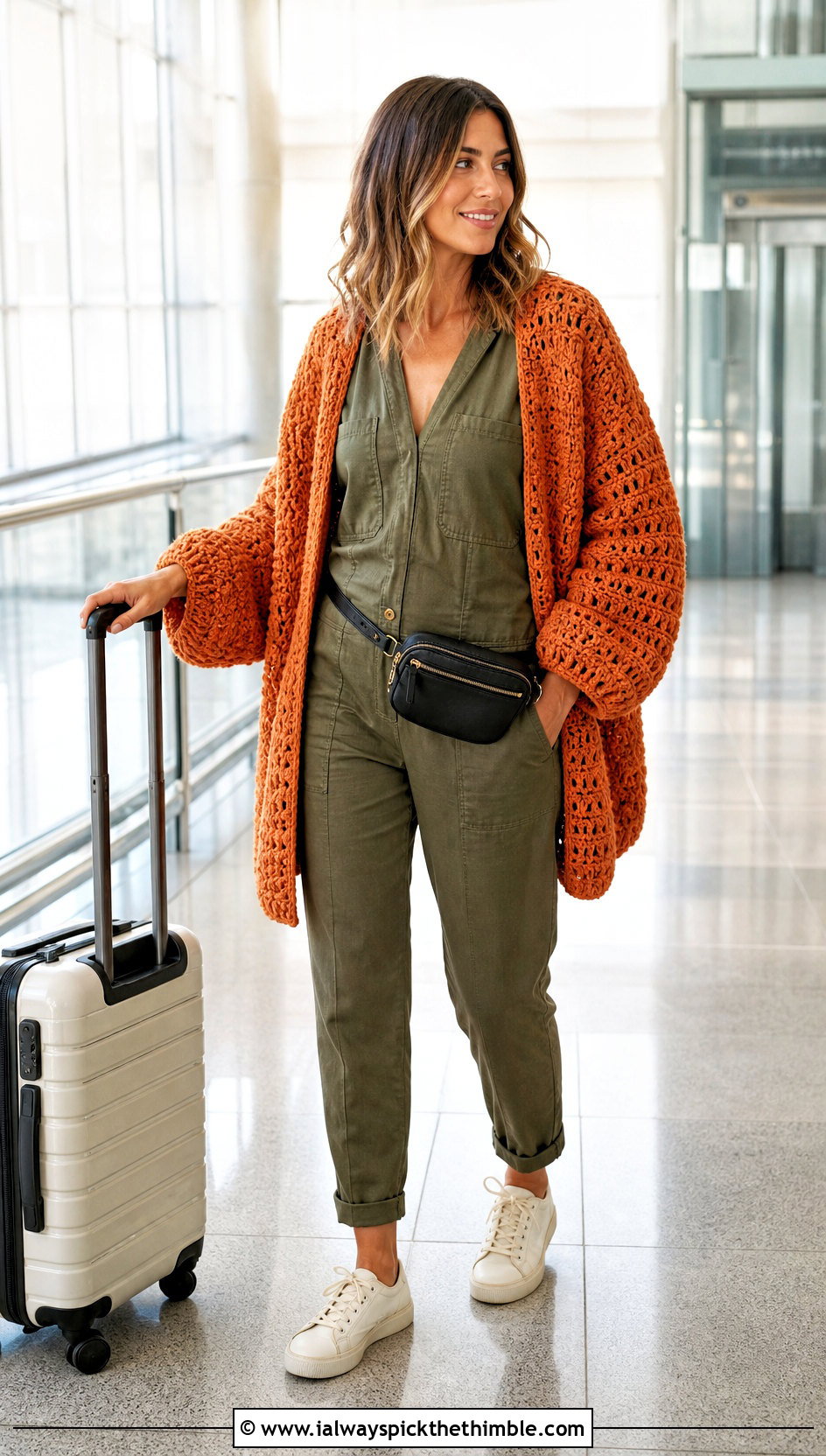 Oversized Lightly Toasted Crochet Cardigan With Utility Jumpsuit - 20 lightly toasted crochet cardigan outfit ideas