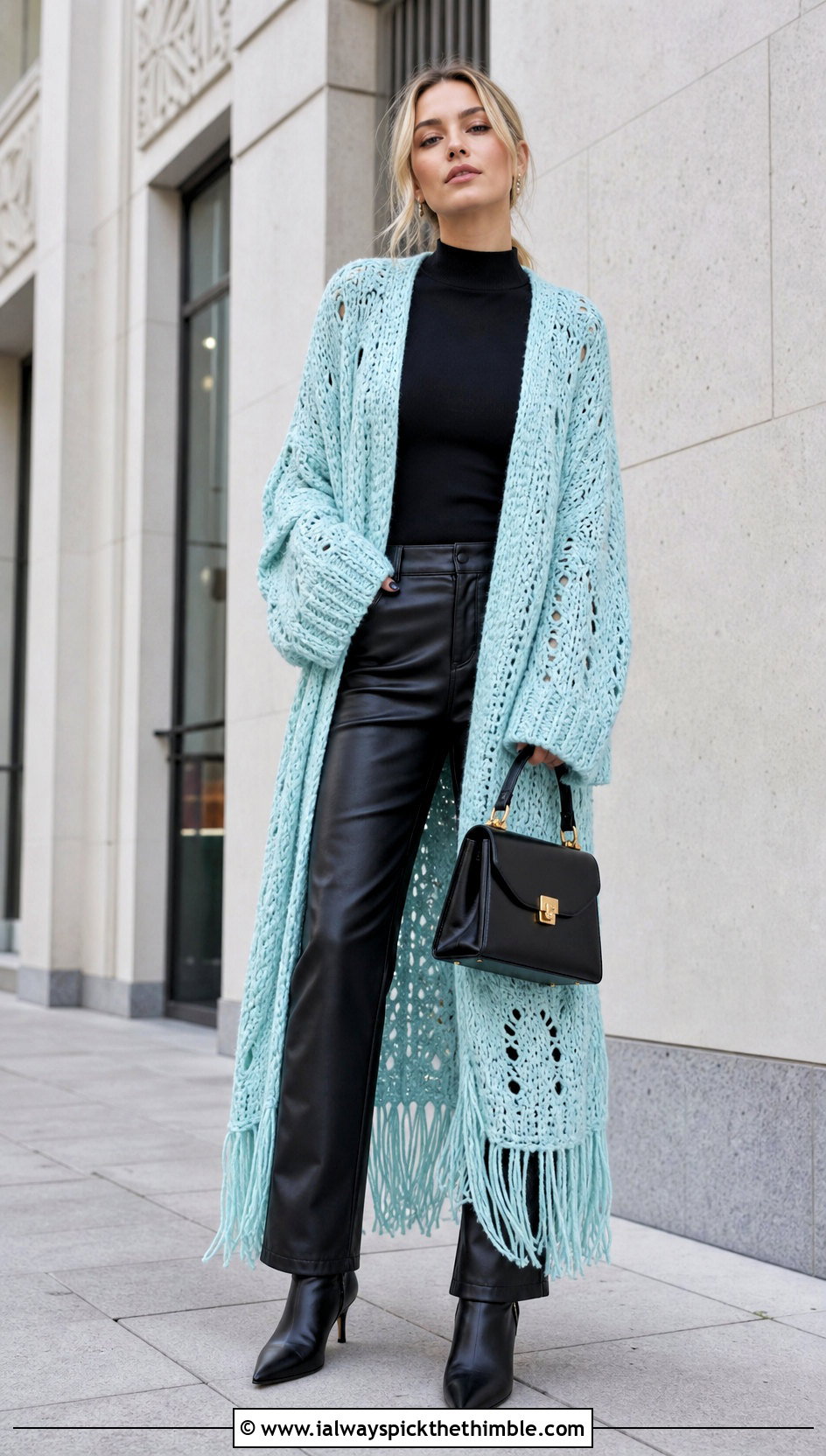 Oversized Long Crochet Cardigan With Fringe And Leather Pants - 15 long crochet cardigan with fringe outfit ideas