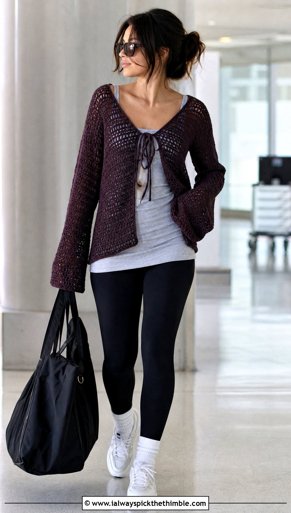 Oversized Long Sleeve Tie Front Crochet Top With Leggings - 20 long sleeve tie front crochet top outfit ideas