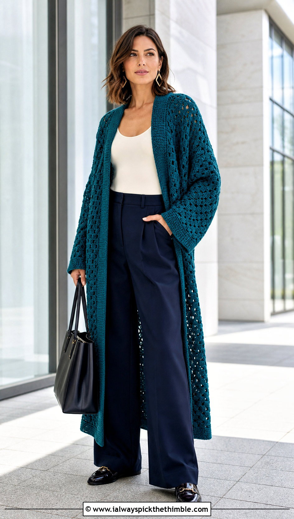 Oversized Longline Crochet Cardigan With Tailored Trousers - 25 oversized crochet cardigan outfit ideas