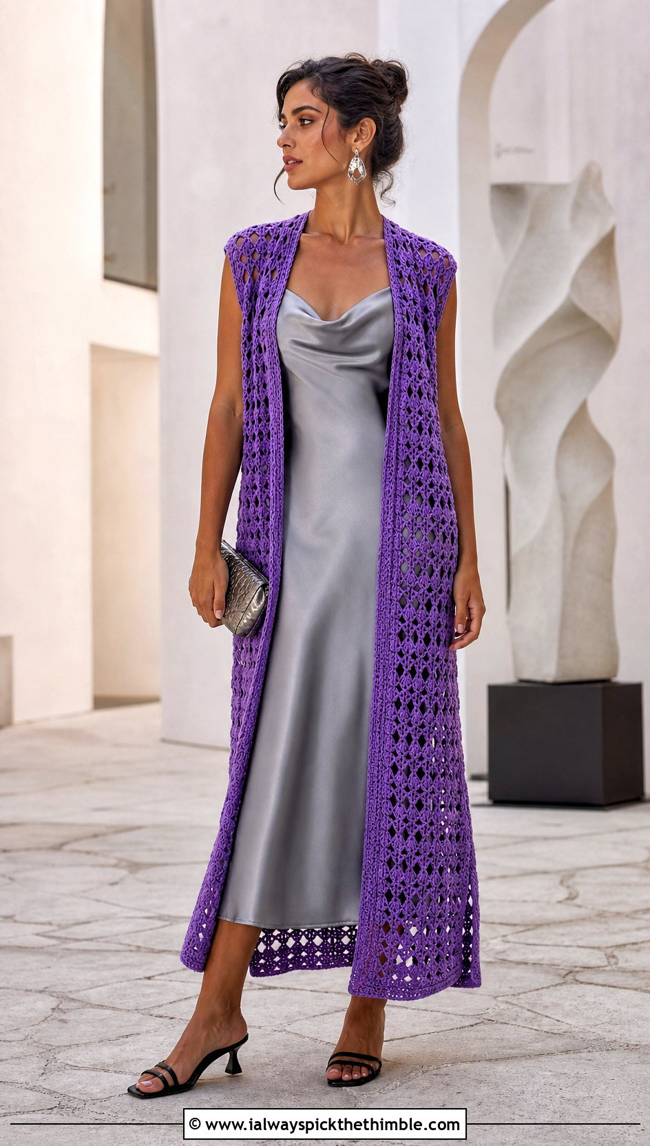 Oversized Longline Crochet Vest With Slip Dress - 20 oversize crochet vest outfit ideas
