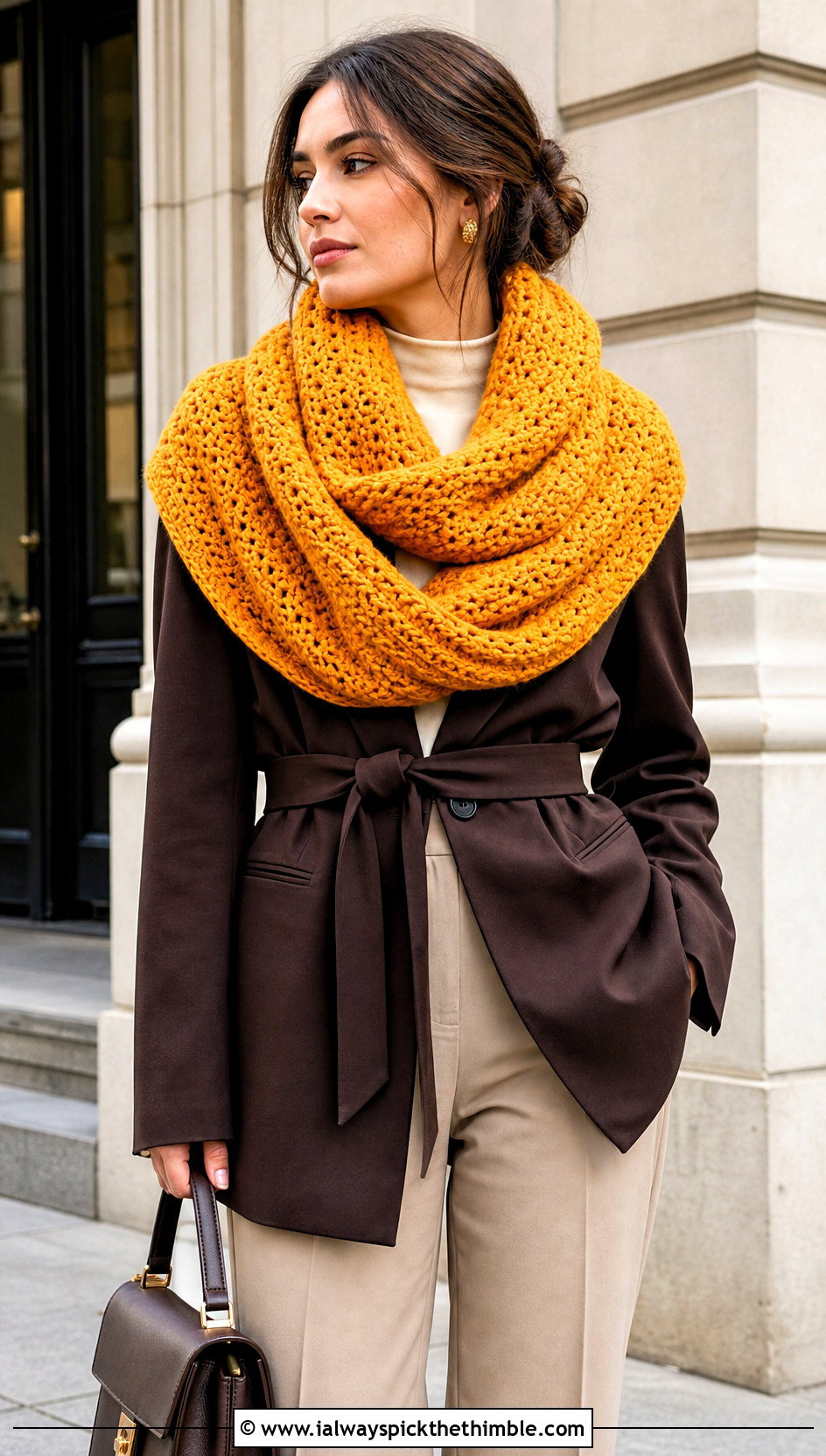 Oversized Loop Crochet Snood Scarf With Belted Blazer - 20 crochet snood scarf outfit ideas