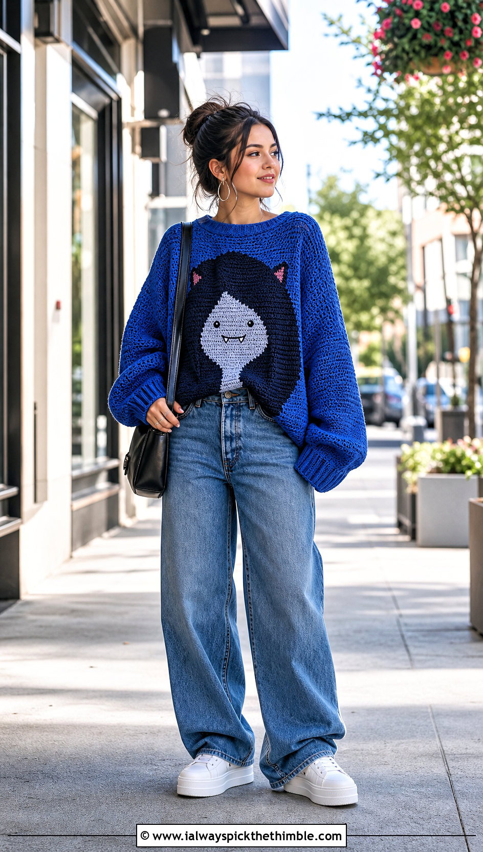Oversized Marceline Cat Sweater With Wide Leg Jeans - 20 crochet marceline sweater outfit ideas