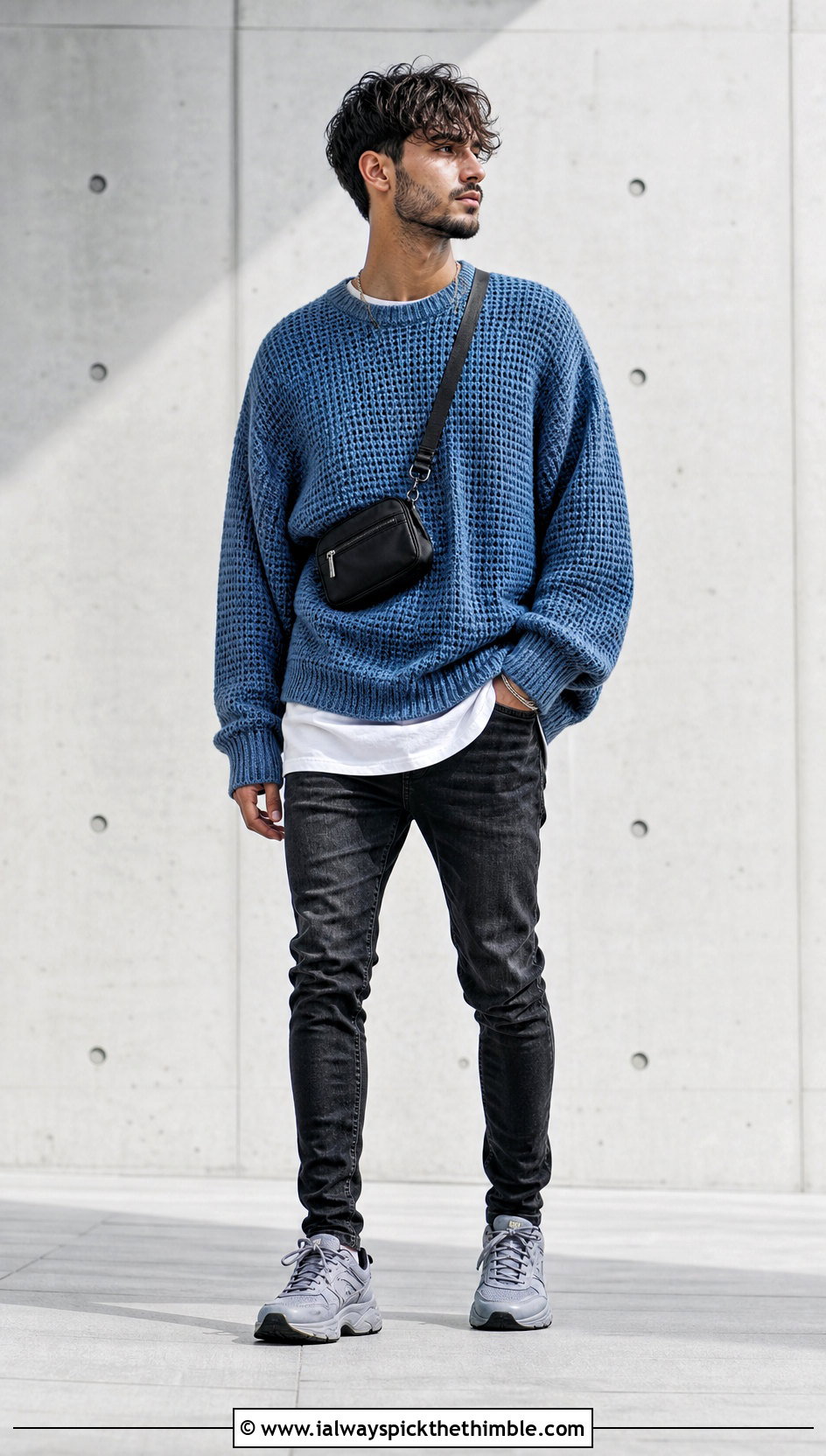 Oversized Mens Crochet Sweater With Slim Jeans - 25 mens crochet sweater outfit ideas