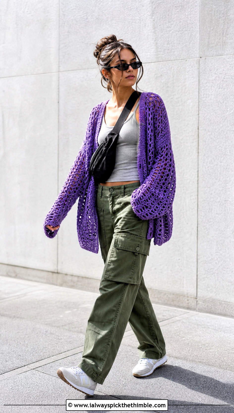 Oversized Mesh Cardigan With Cargo Pants - 20 crochet lacy cardigan outfit ideas
