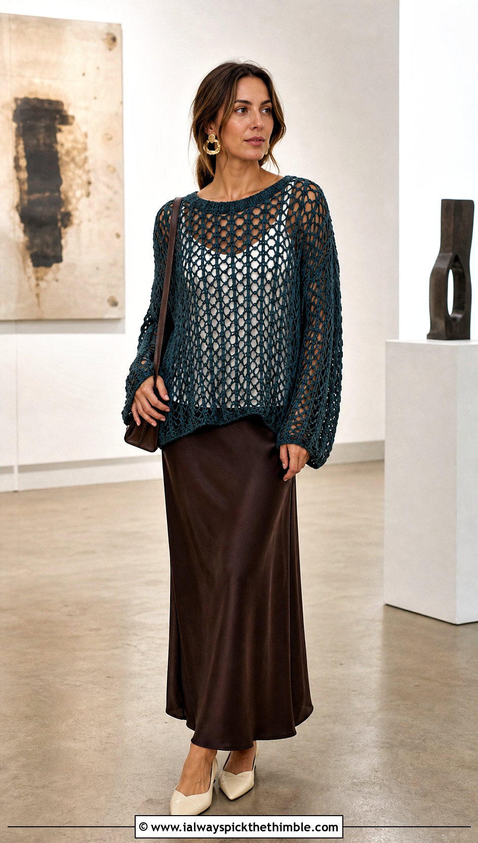 Oversized Mesh Crochet Boxy Sweater With Satin Slip Skirt - 20 Crochet Boxy Sweater outfit ideas