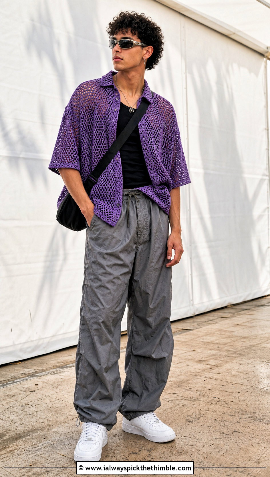 Oversized Mesh Crochet Shirt With Parachute Pants - 25 men's crochet shirt outfit ideas