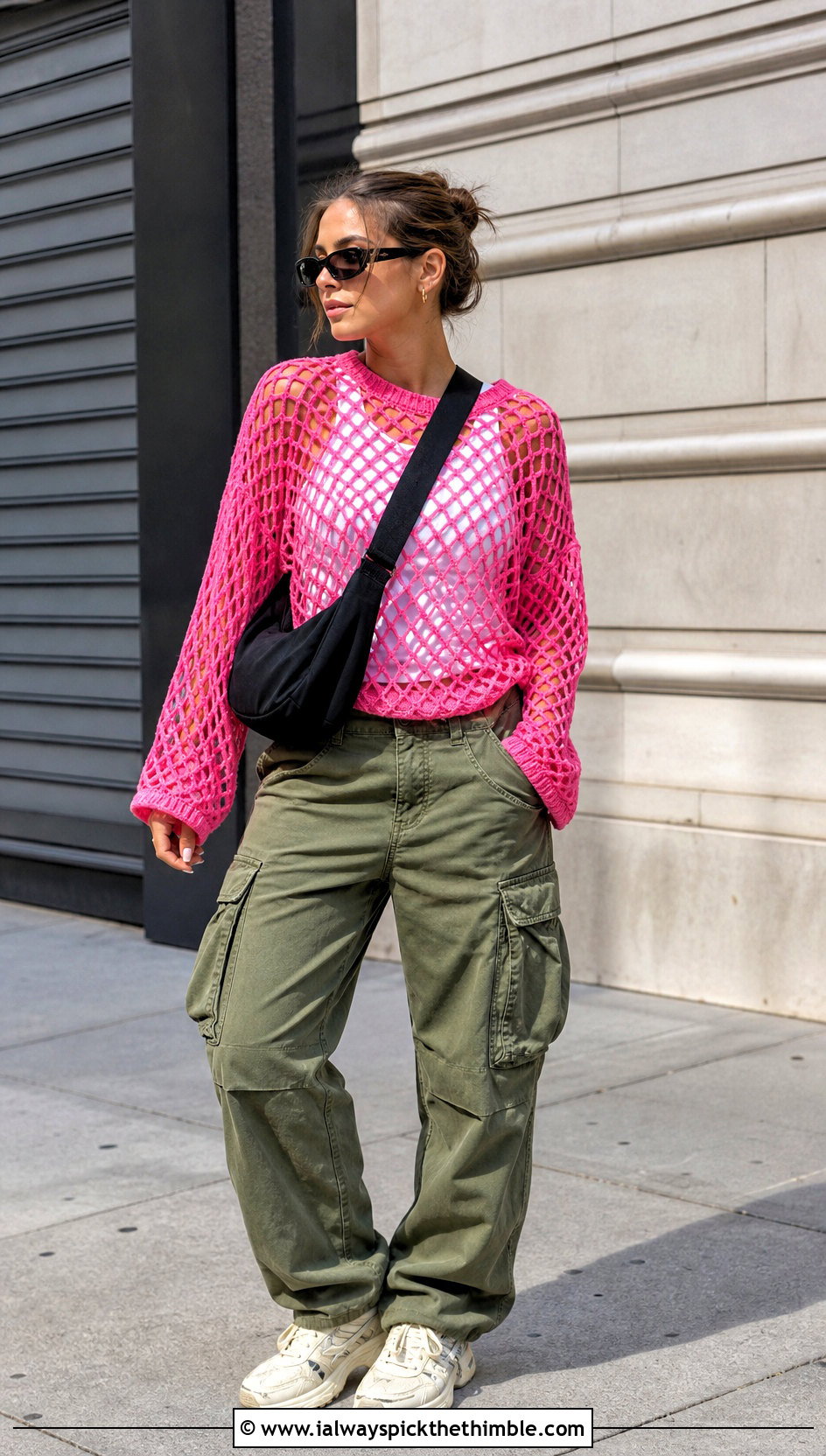 Oversized Mesh Crochet Sweater With Cargo Pants - 25 crochet sweater ideas