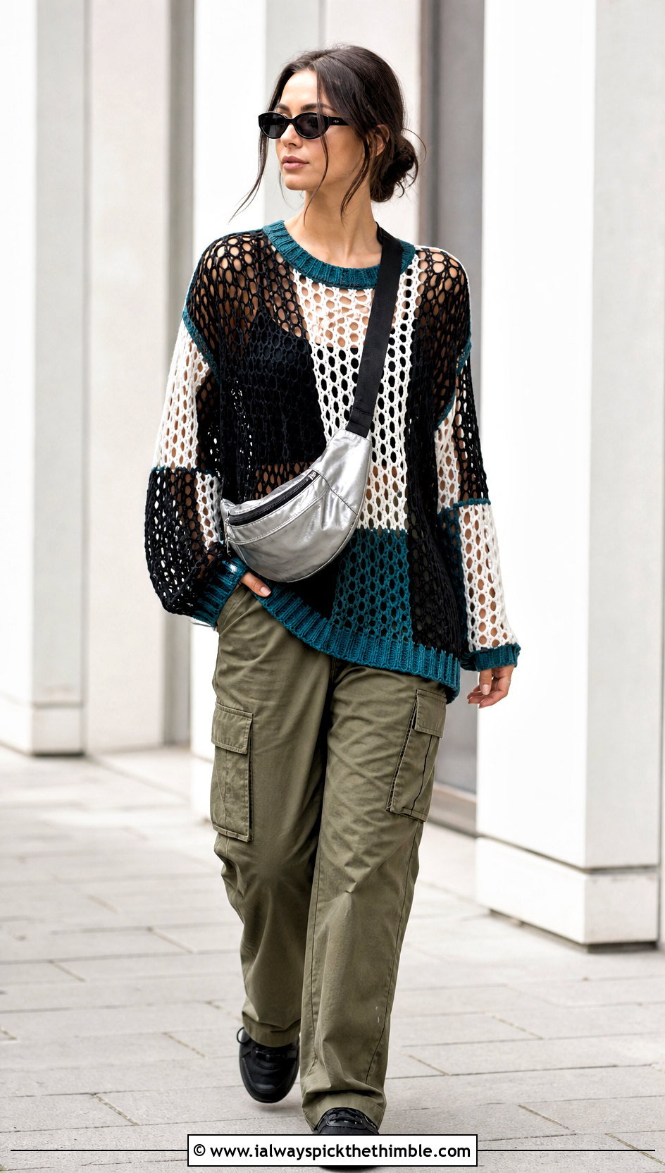 Oversized Mesh Crochet Sweater With Cargo Pants - 25 black and white crochet sweater outfit ideas
