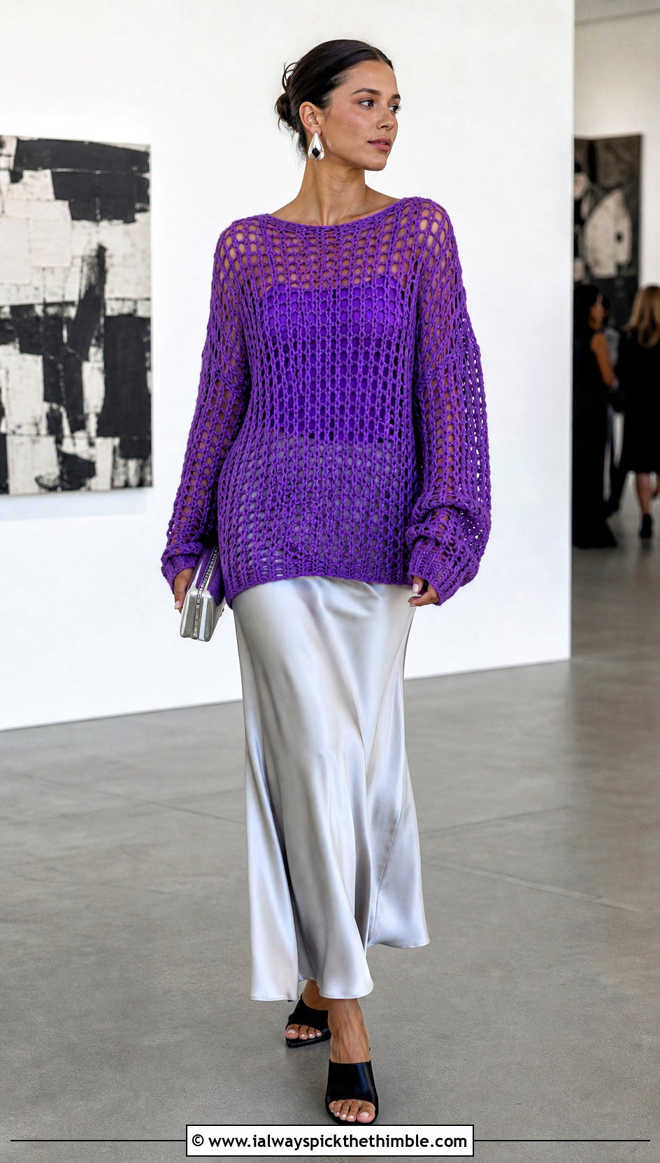 Oversized Mesh Crochet Sweater With Satin Slip Skirt - 15 Customizable Crochet Sweater Design outfit ideas