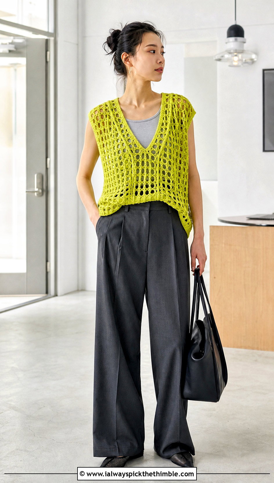 Oversized Mesh Crochet Vest With Tailored Trousers - 20 oversize crochet vest outfit ideas