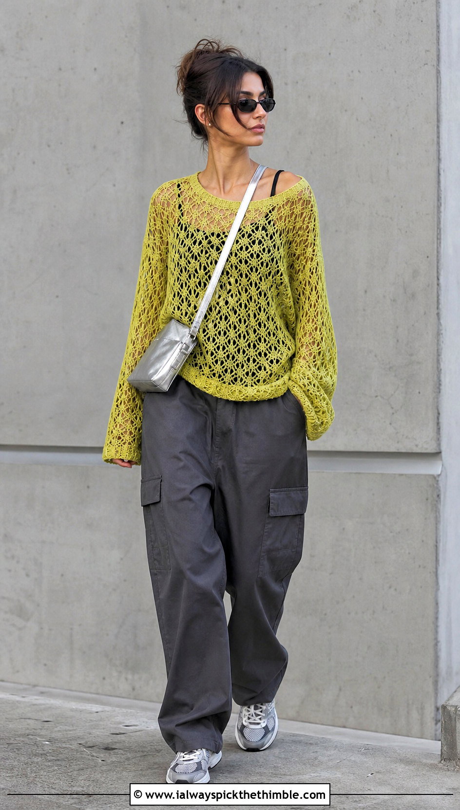 Oversized Mesh Lace Crochet Sweater With Cargo Pants - 20 lace crochet sweater outfit ideas