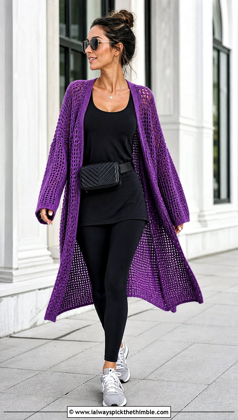 Oversized Mesh Purple Crochet Cardigan With Black Leggings - 25 purple crochet cardigan outfit ideas