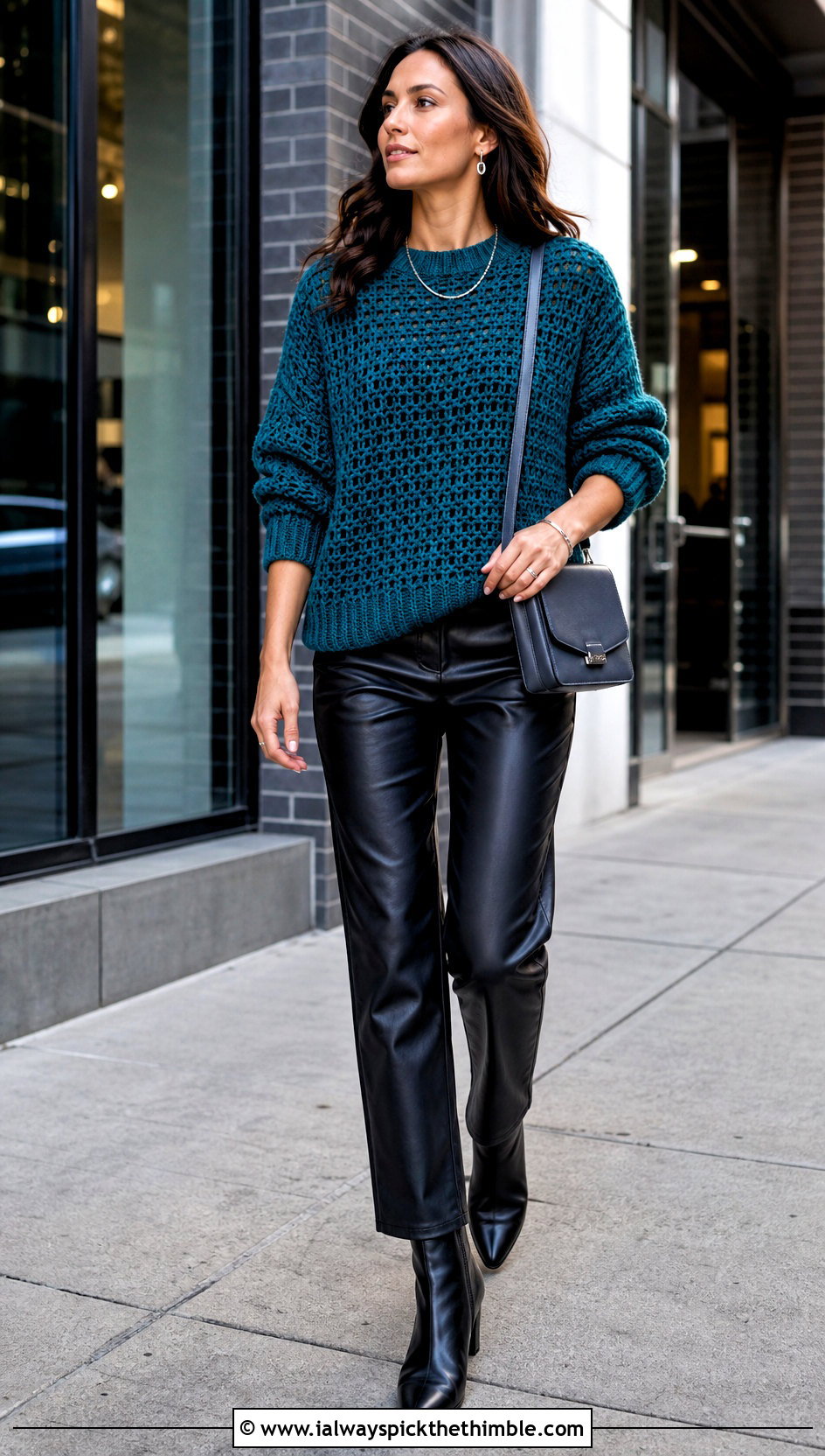 Oversized Mock Knit Crochet Sweater With Leather Pants - 15 Mock Knit Crochet Sweater outfit ideas
