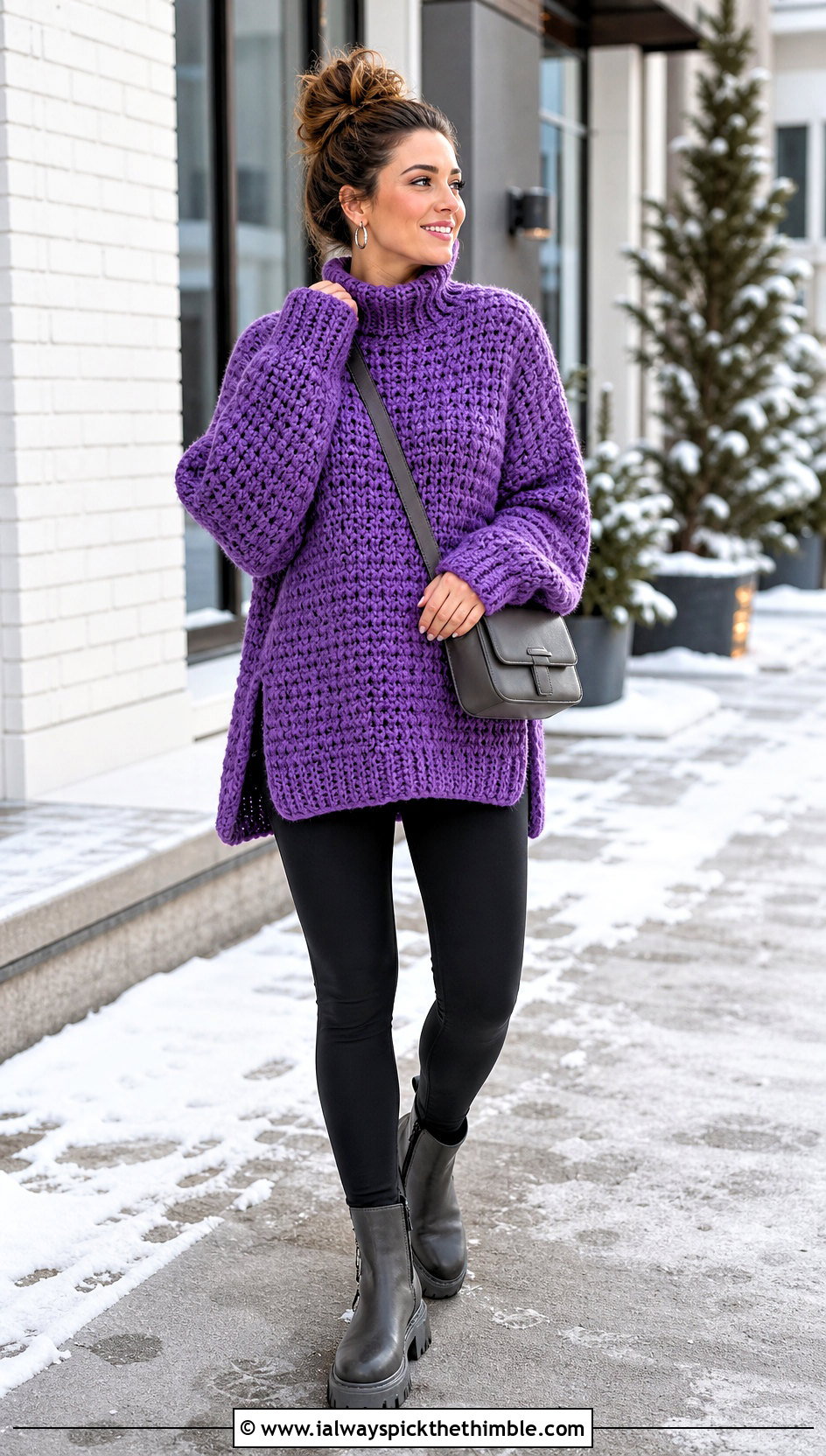 Oversized Mock Neck Crochet Sweater With Leggings - 25 high neck crochet top outfit ideas