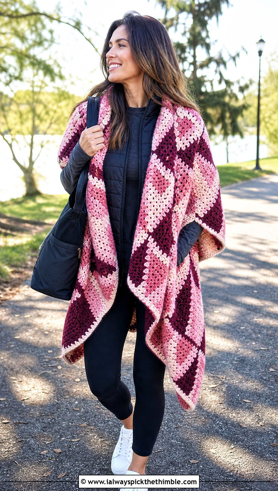 Oversized Mosaic Crochet Blanket Shawl With Leggings And Sneakers - 20 mosaic crochet shawl outfit ideas