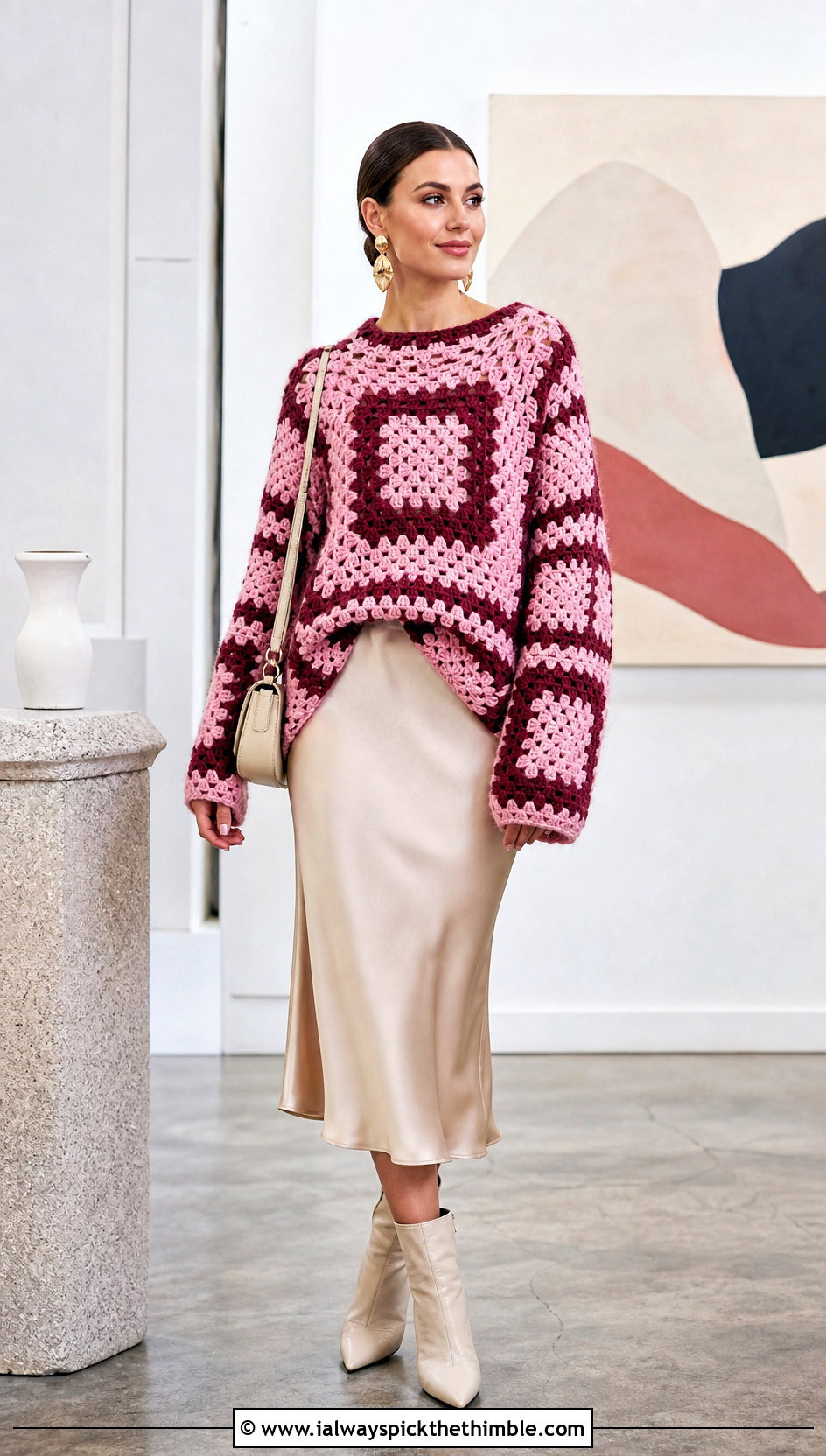 Oversized Mosaic Crochet Sweater With Satin Midi Skirt - 20 Mosaic Crochet Sweater outfit ideas