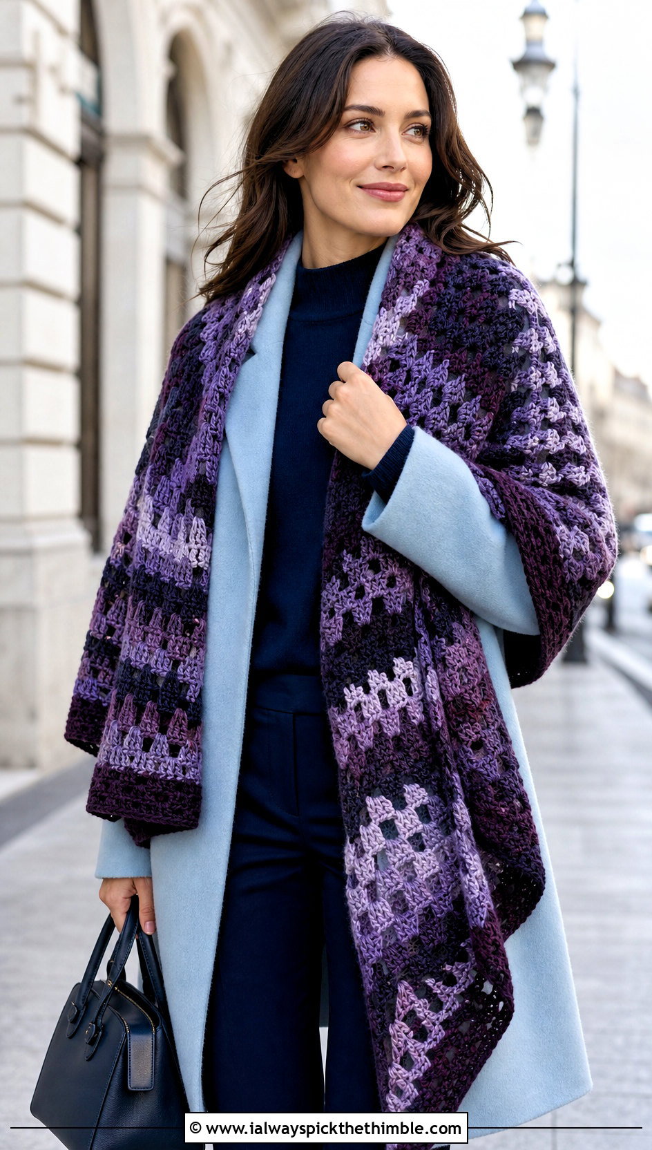 Oversized Mosaic Crochet Wrap Scarf With Wool Coat - 20 Mosaic Crochet Scarf outfit ideas