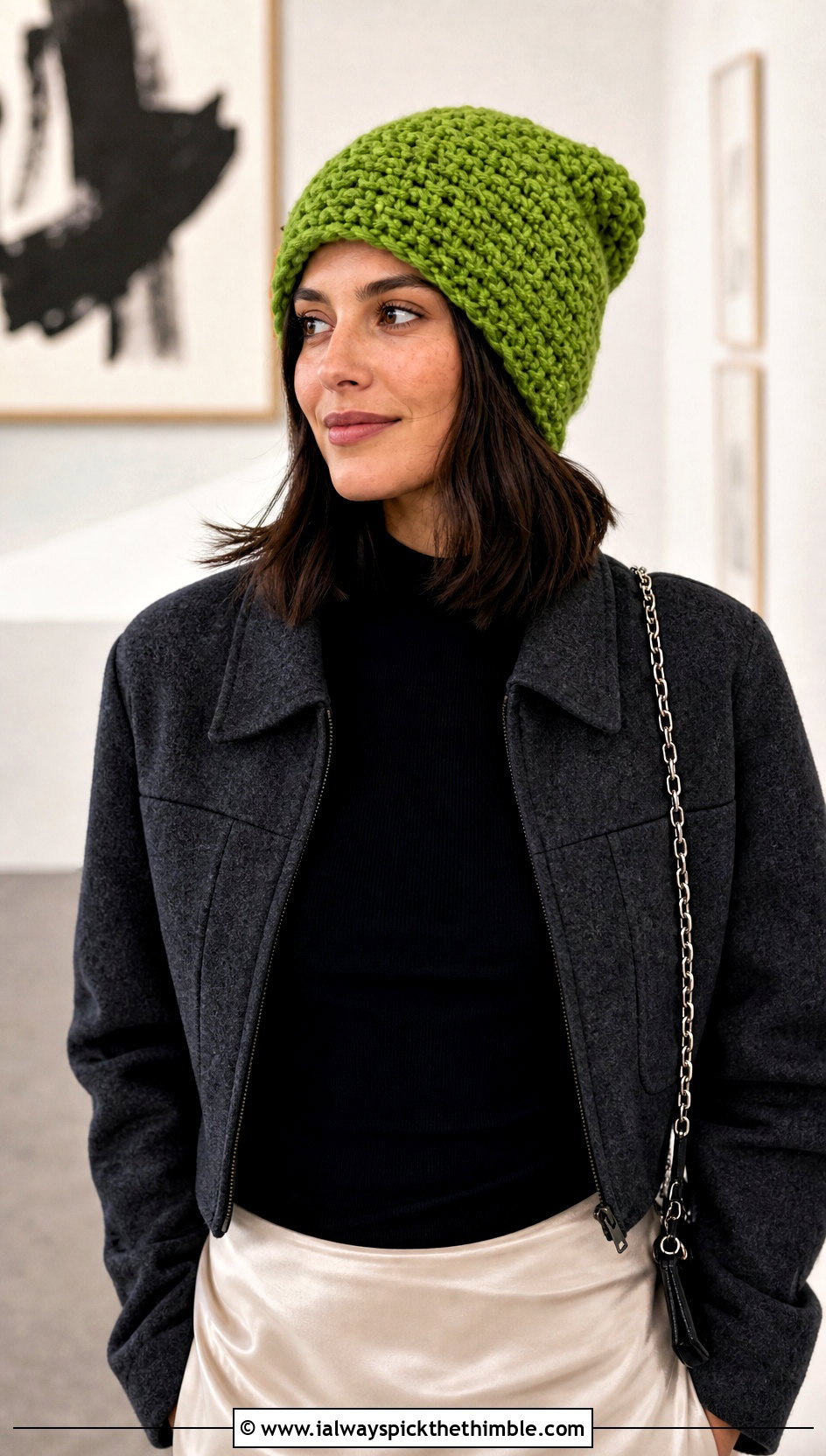 Oversized Moss Stitch Beanie With Satin Skirt - 20 Crochet Moss Stitch Beanie outfit ideas