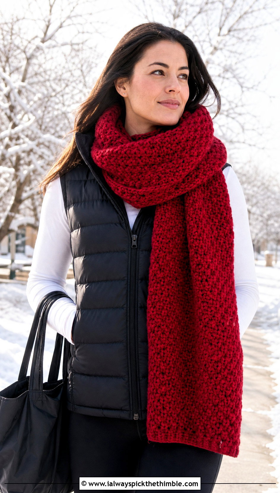 Oversized Moss Stitch Crochet Scarf With Puffer Vest And Leggings - 20 Moss Stitch Crochet Scarf outfit ideas