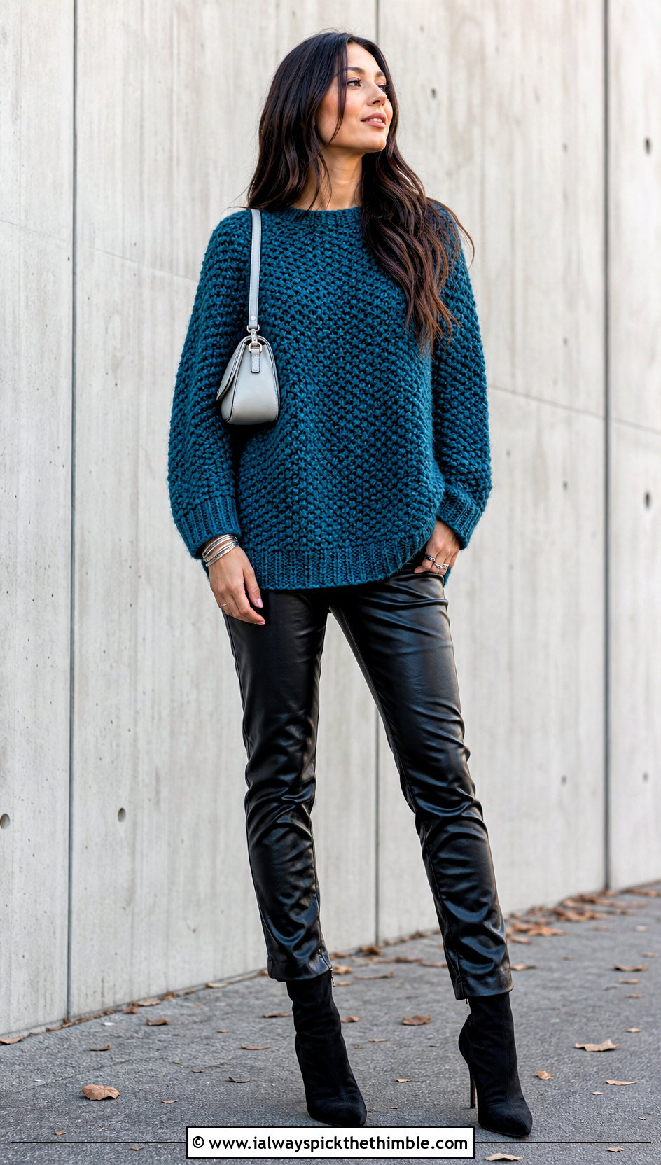 Oversized Moss Stitch Crochet Sweater With Leather Pants - 20 Moss Stitch Crochet Sweater outfit ideas