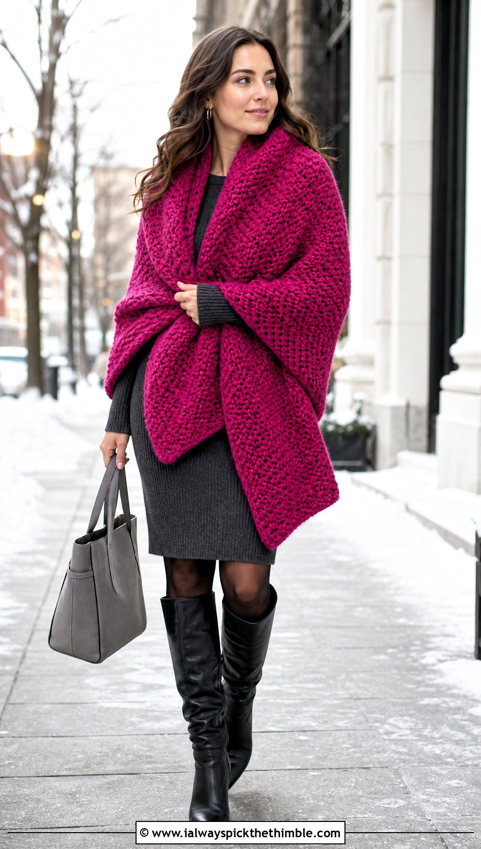 Oversized Moss Stitch Shawl With A Sweater Dress - 20 Crochet Moss Stitch Shawl outfit ideas