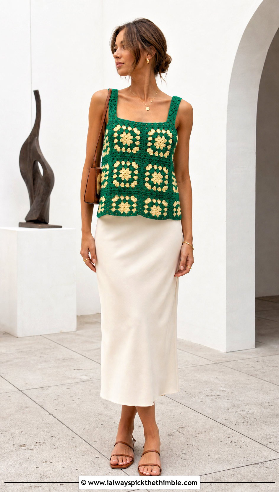 Oversized Motif Granny Square Crochet Tank Top With Column Skirt - 20 Granny Square Crochet Tank Top outfit ideas