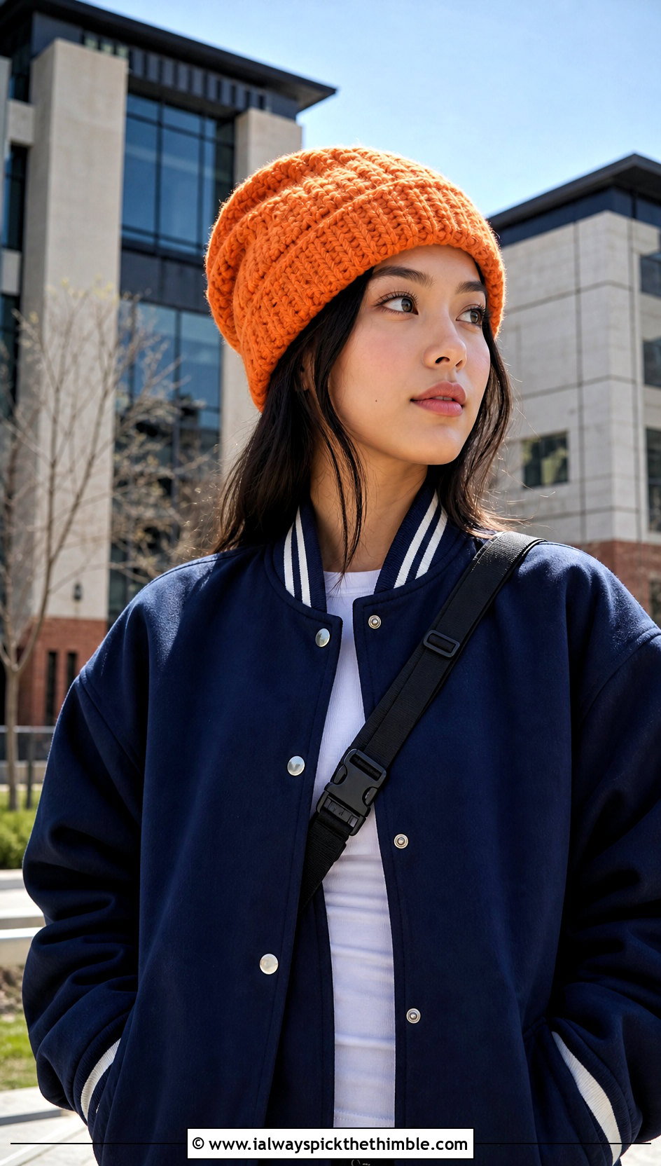 Oversized Mountain Ridge Crochet Beanie With Varsity Jacket - 15 Mountain Ridge Crochet Beanie outfit ideas