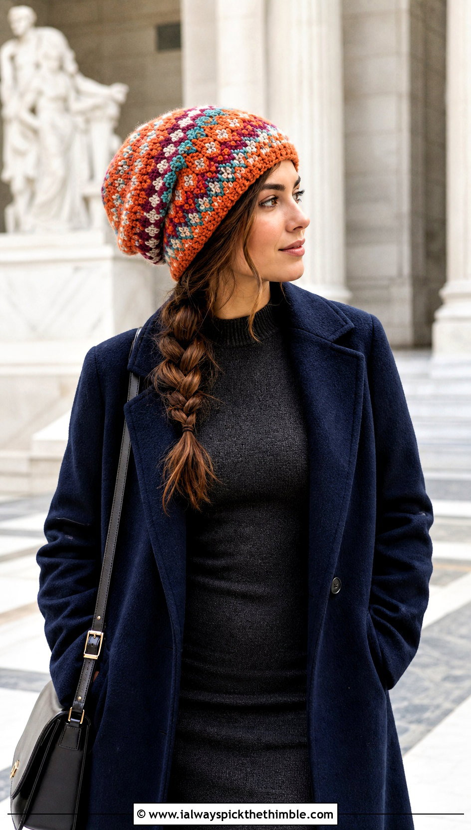 Oversized Multi Motif Fair Isle Beanie With Sweater Dress - 20 Crochet Fair Isle Beanie outfit ideas