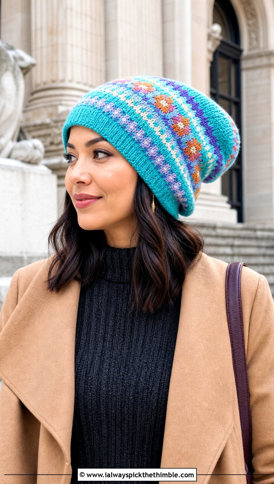 Oversized Multi Motif Fair Isle Crochet Beanie With Sweater Dress - 15 Fair Isle Crochet Beanie outfit ideas