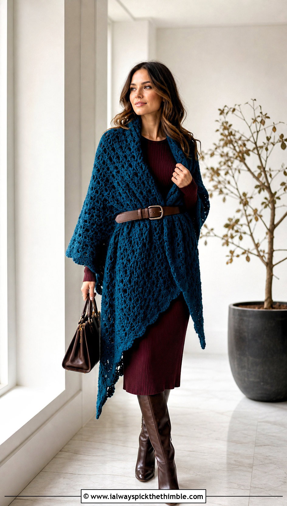 Oversized Never Ending Crochet Shawl With A Knit Midi Dress - 15 Never Ending Crochet Shawl outfit ideas