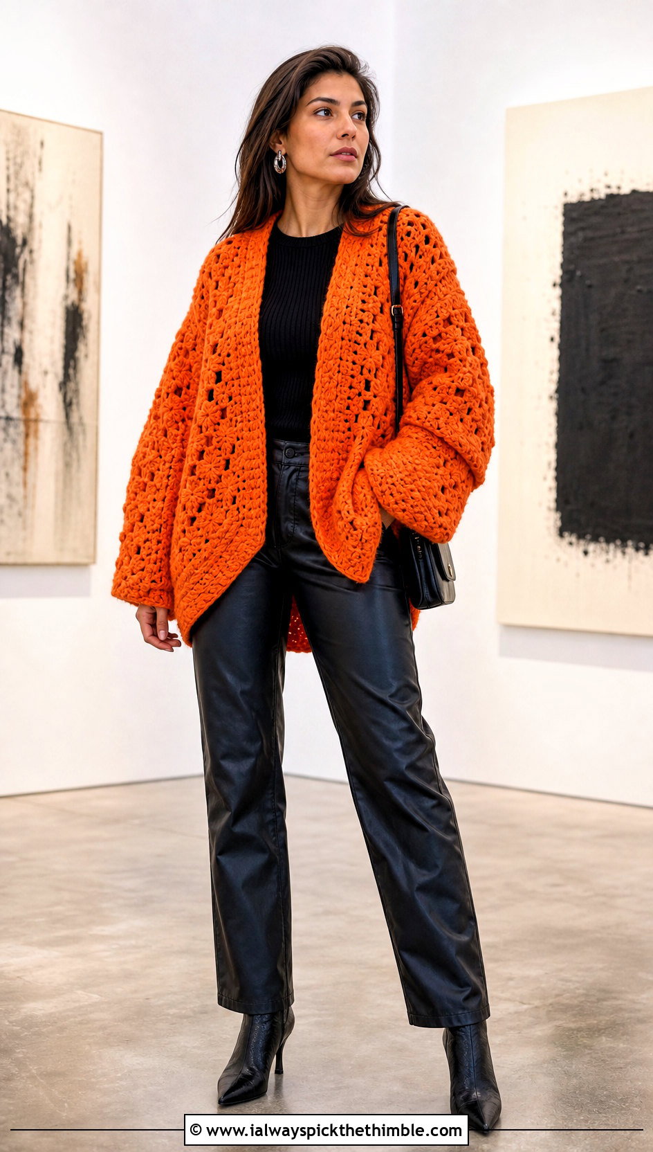Oversized Octagon Crochet Cardigan With Leather Pants - 20 Octagon Crochet Cardigan outfit ideas
