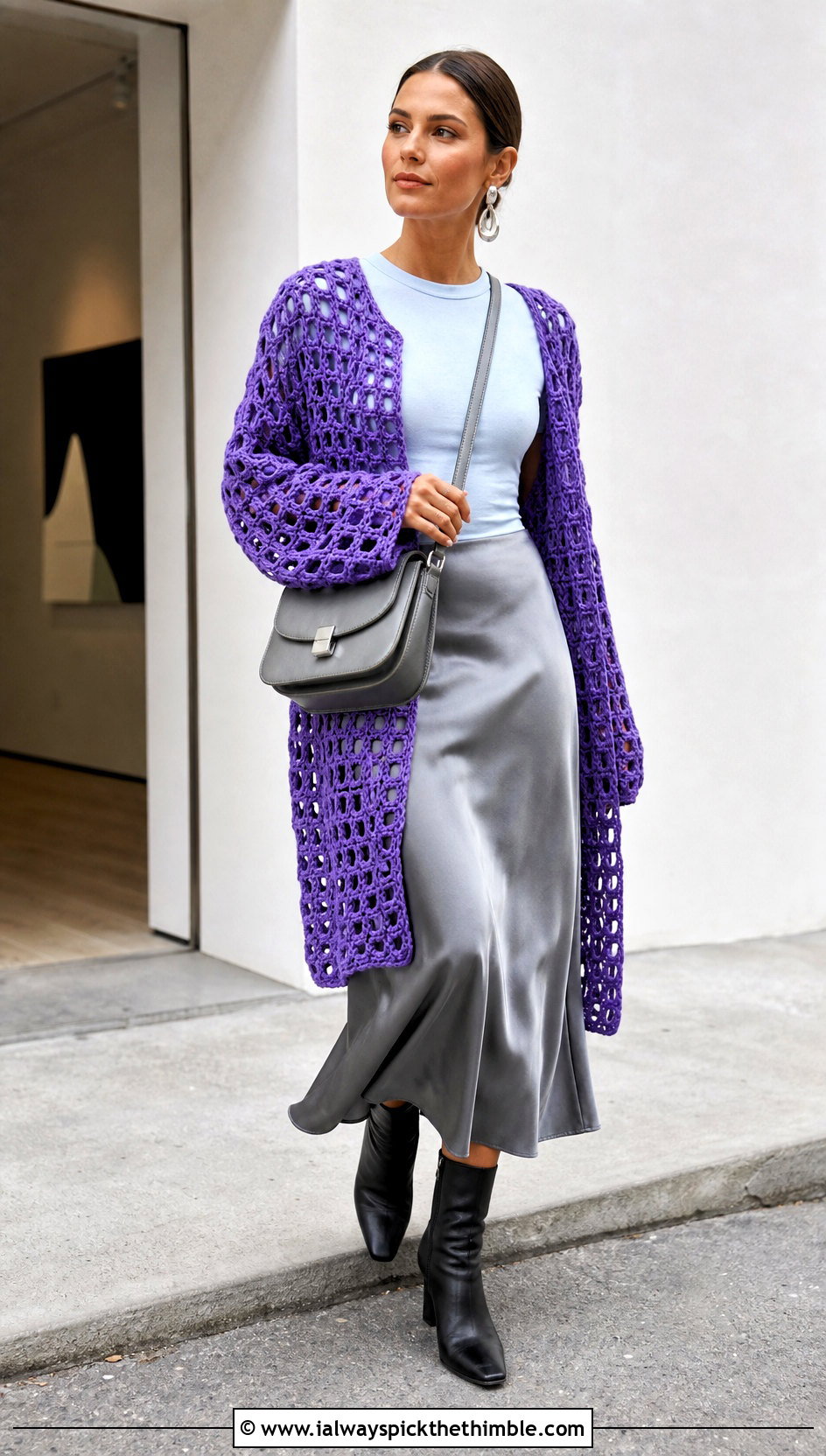 Oversized Offset Mesh Filet Crochet Cardigan With Satin Skirt - 20 filet crochet cardigan outfit ideas