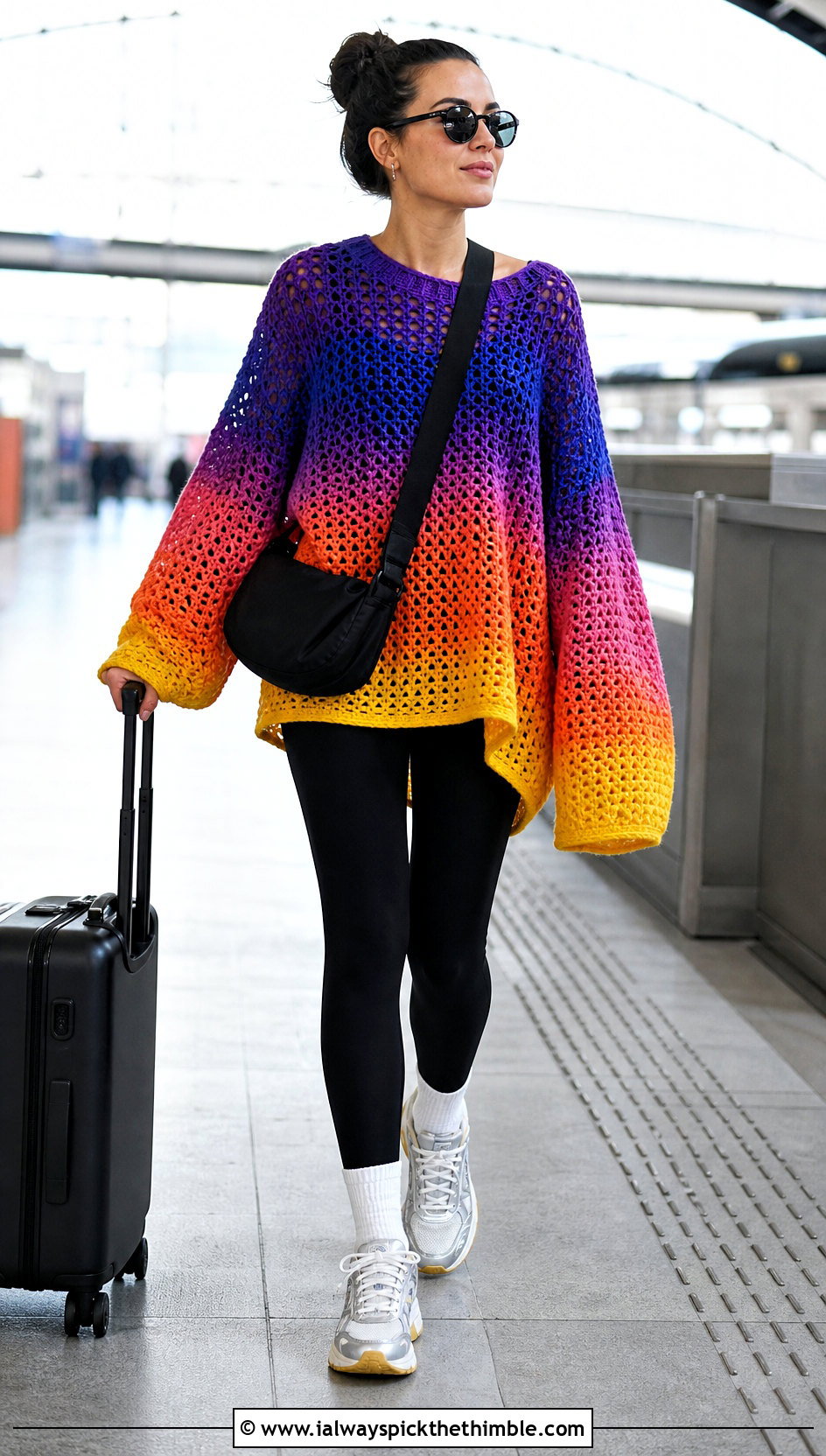 Oversized Ombre Rainbow Crochet Sweater With Leggings - 20 Rainbow Crochet Sweater outfit ideas