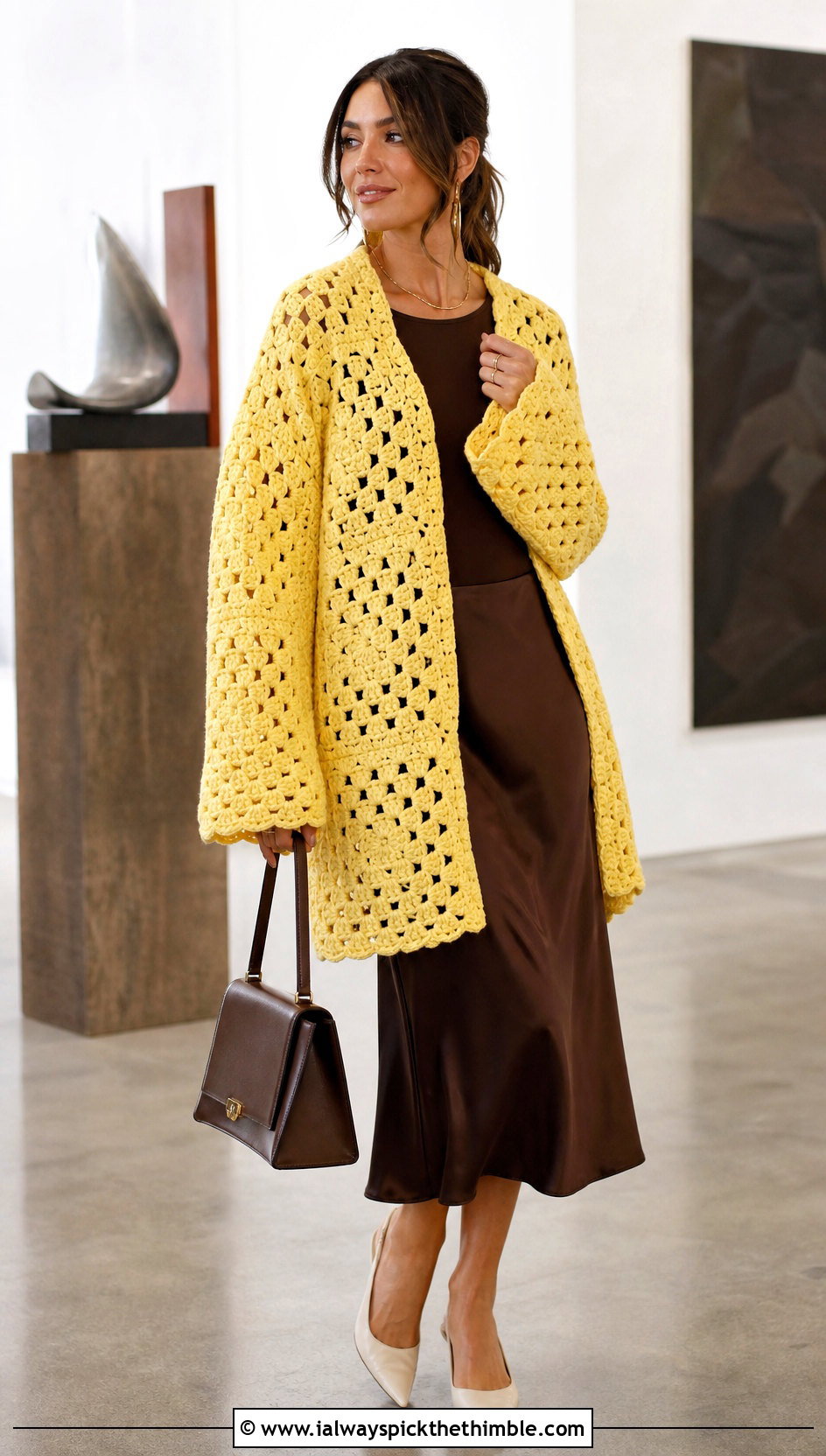 Oversized One Granny Square Cardigan With Satin Midi Skirt - 20 One Granny Square Cardigan outfit ideas