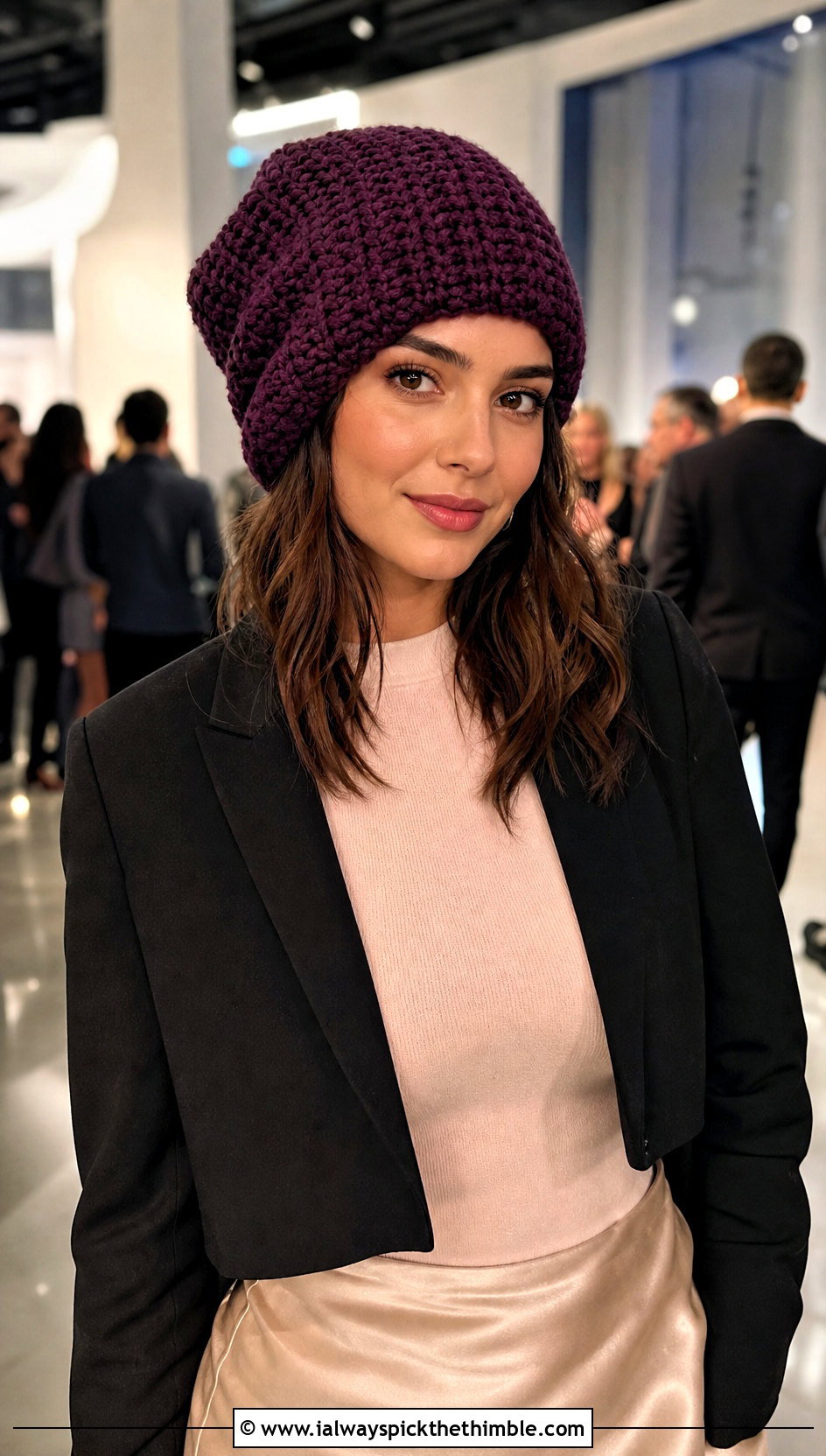 Oversized One Hour Crochet Beanie With A Satin Slip Skirt - 20 One Hour Crochet Hat outfit ideas
