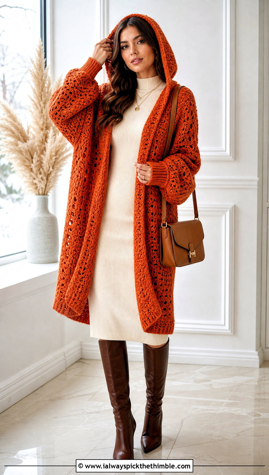 Oversized Open Front Crochet Hooded Cardigan With Sweater Dress - 25 crochet hooded cardigan outfit ideas