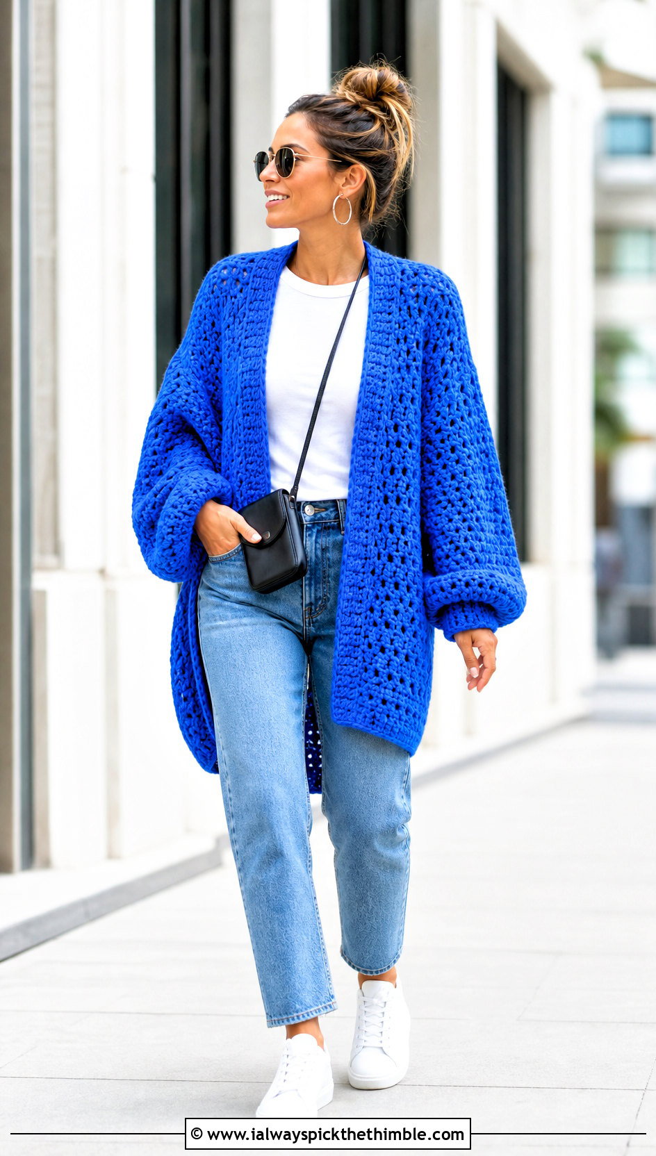 Oversized Open Front Crochet Slouchy Cardigan With Straight Jeans - 20 Crochet Slouchy Cardigan outfit ideas