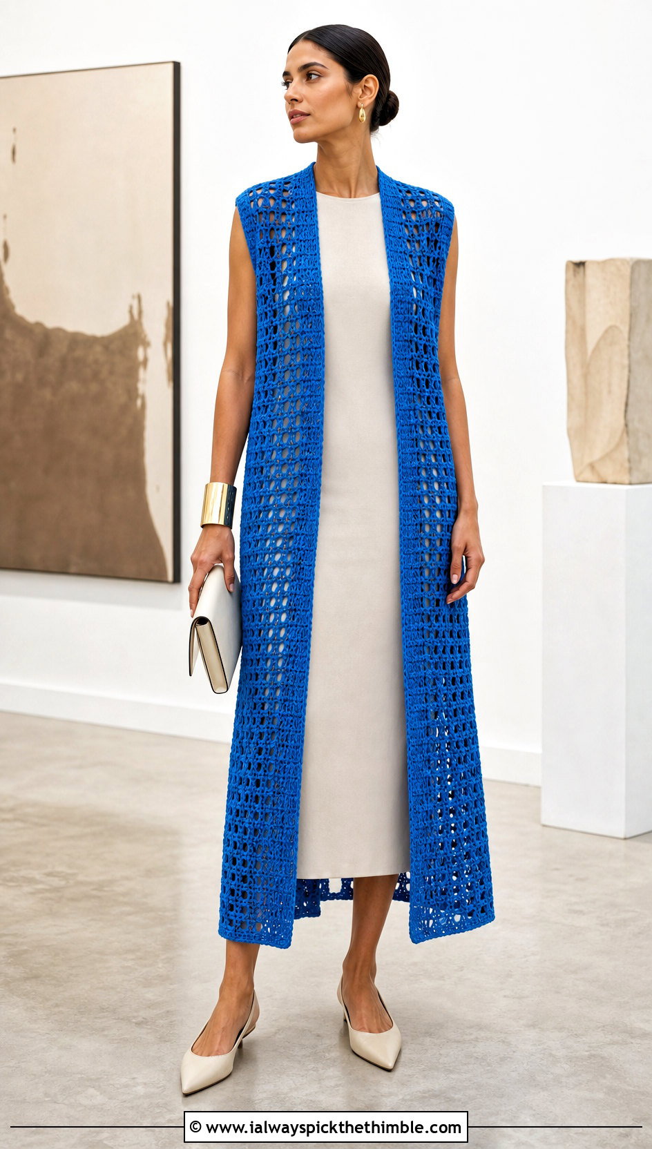 Oversized Open Front Crochet Vest With Column Dress - 20 oversize crochet vest outfit ideas