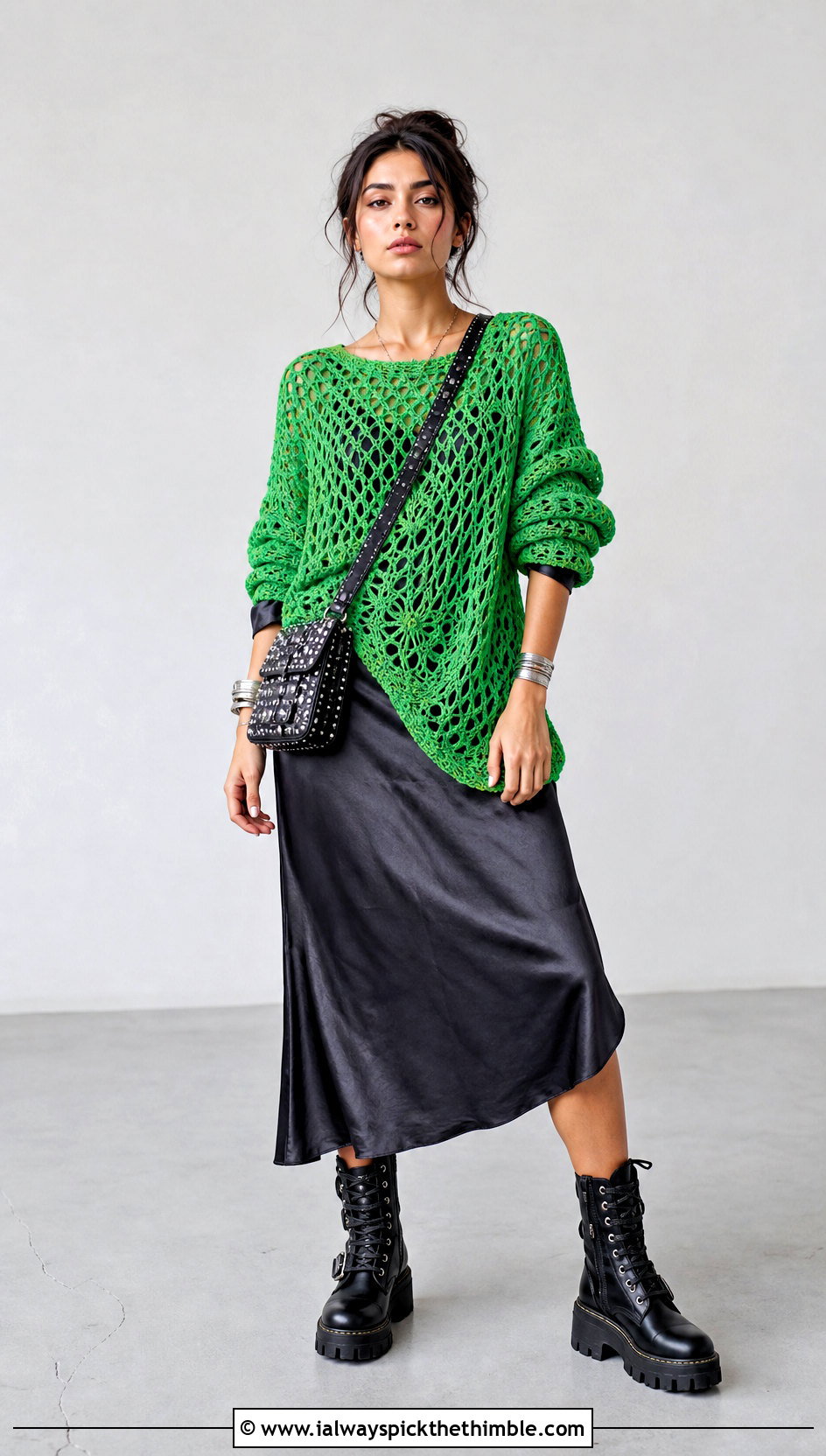 Oversized Open Knit Crochet Top Over A Slip Dress - 25 grunge crochet top outfit ideas