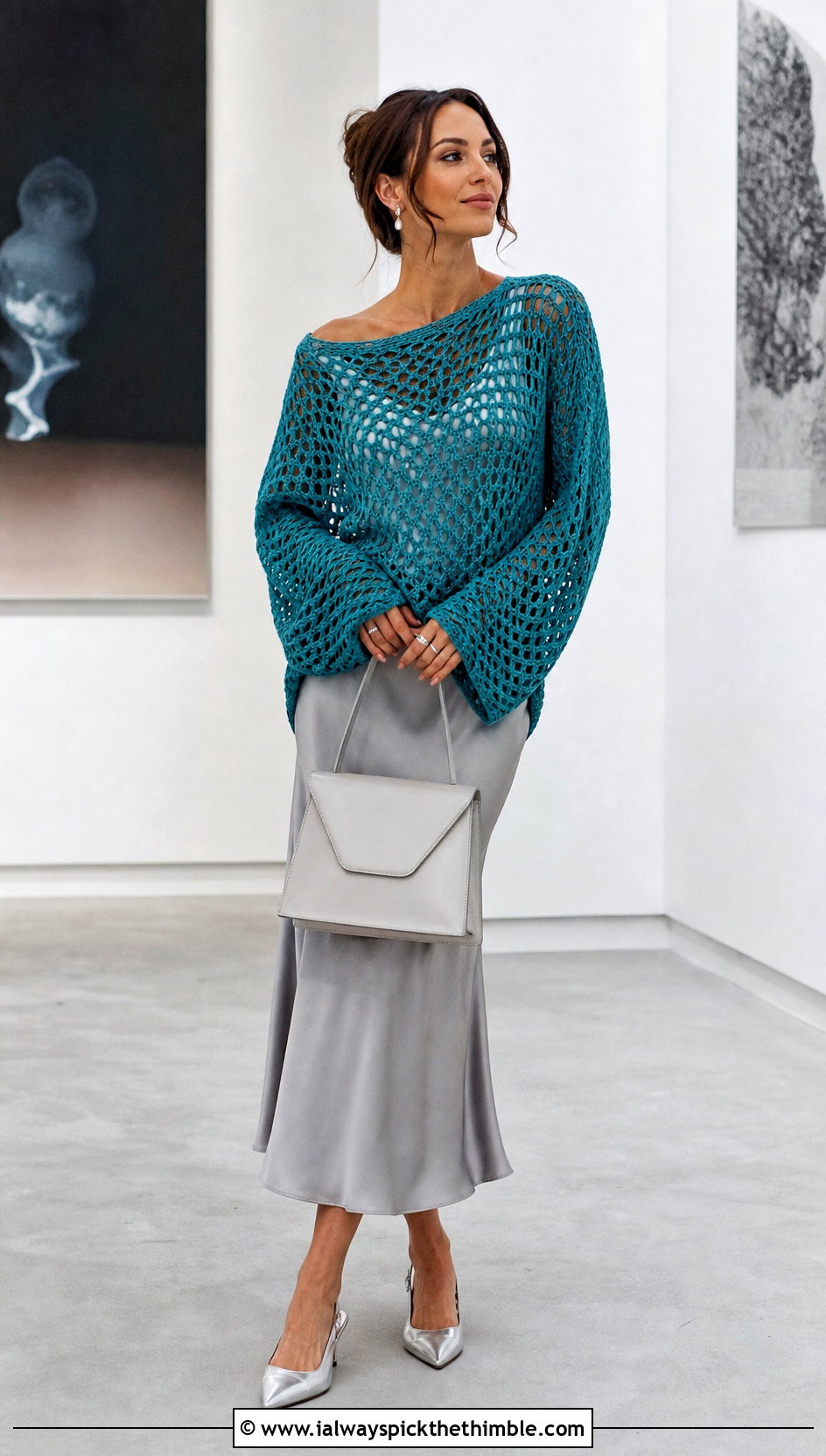 Oversized Open Stitch Boatneck Crochet Sweater With Satin Skirt - 20 Boatneck Crochet Sweater outfit ideas