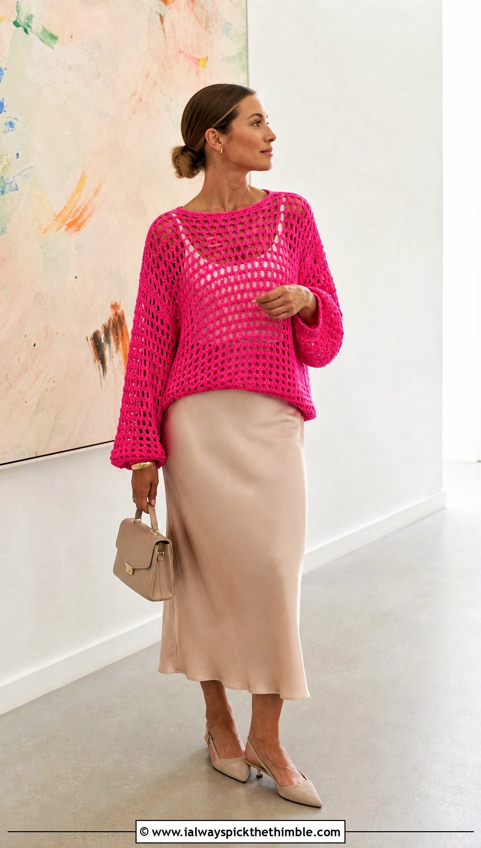 Oversized Open Stitch Crochet Sweater With Satin Midi Skirt - 20 Easy Crochet Sweater For Women outfit ideas