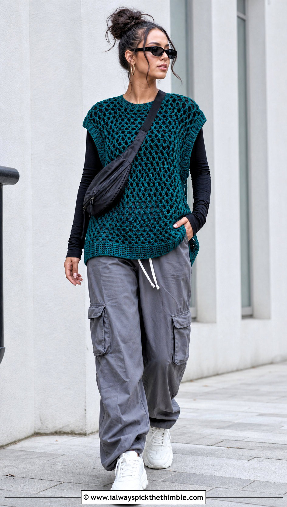 Oversized Open Weave Crochet Sweater Vest With Cargo Pants - 25 crochet sweater vest outfit ideas