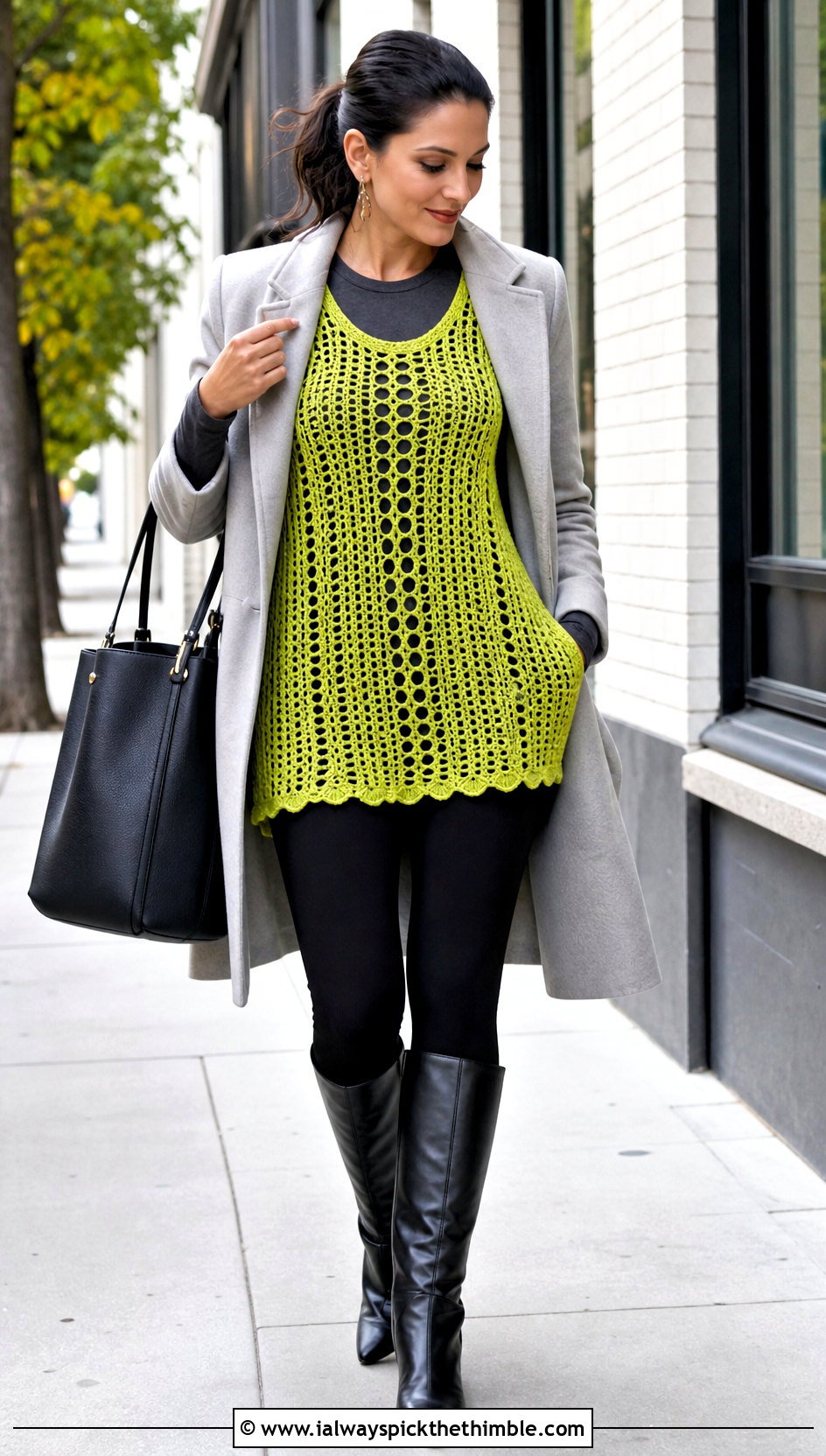 Oversized Openwork Crochet Tunic Top With Leggings - 25 crochet layering top outfit ideas