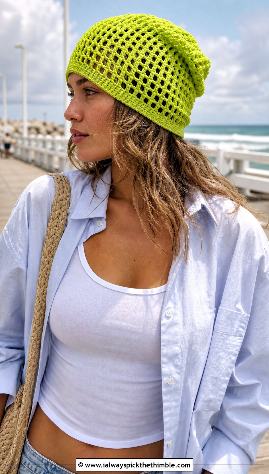 Oversized Openwork Mesh Crochet Beanie With Shirt And Shorts - 15 Oversized Crochet Beanie outfit ideas