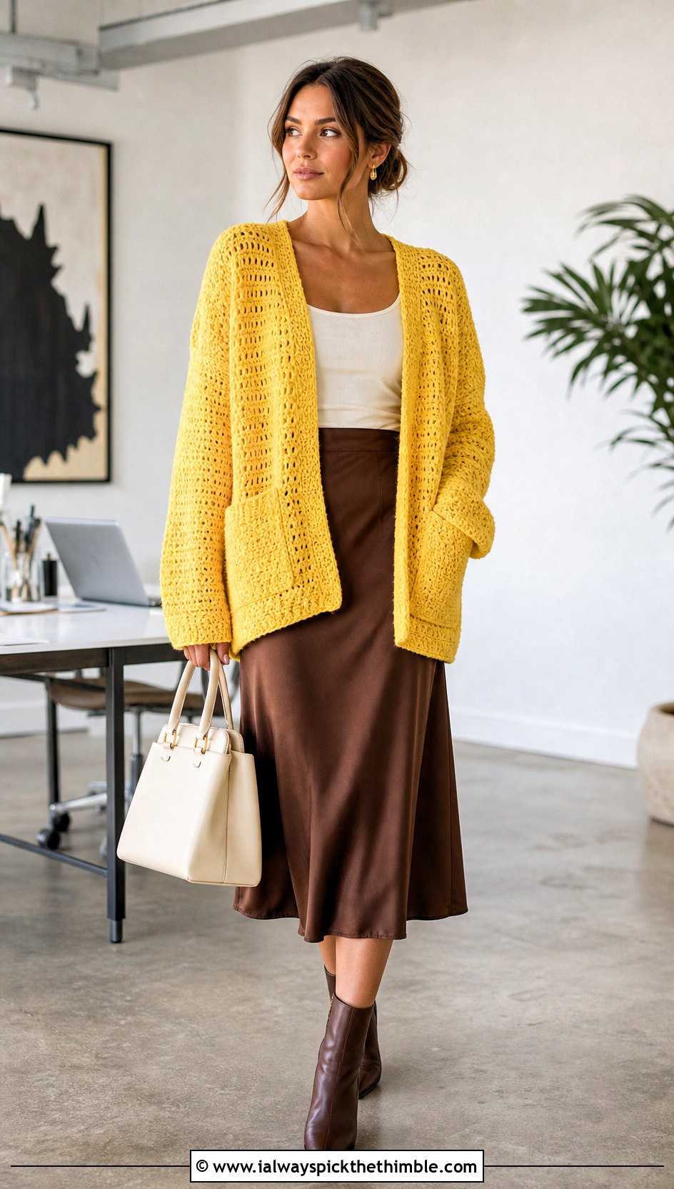 Oversized Patch Pocket Sweater With Satin Midi Skirt - 20 crochet sweater with pockets outfit ideas